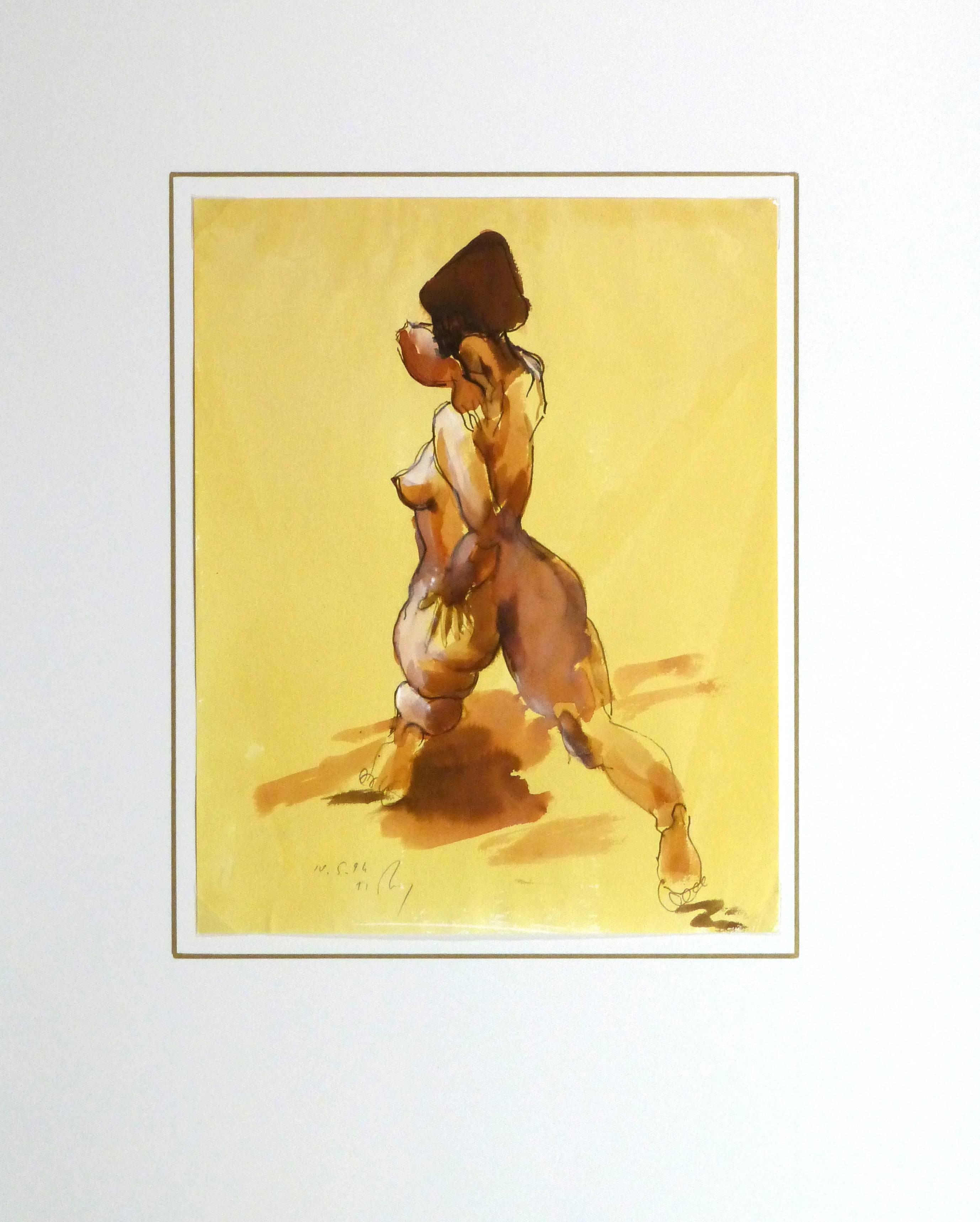Solare e luminoso dipinto ad acquerello e inchiostro di una figura femminile nuda in posizione inginocchiata su uno sfondo giallo brillante di Kei Mitsuuchi, 1994. Firmato e datato in basso a sinistra. 

Opera d'arte originale su carta esposta su un