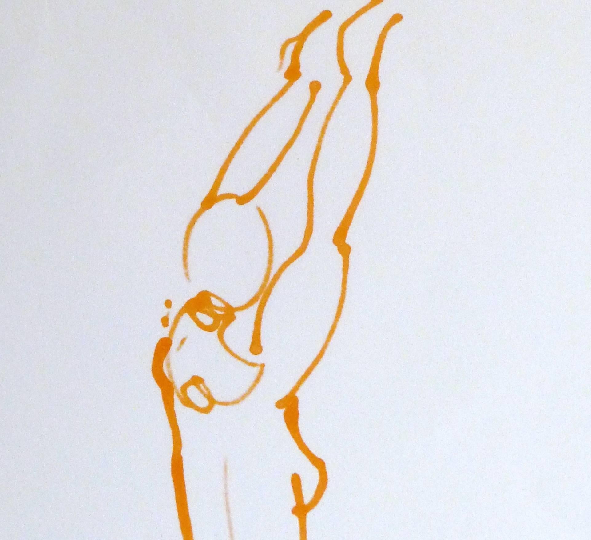 French ink sketch of a nude female figure standing and stretching in a bright orange hue by French-Japanese artist Kei Mitsuuchi (1948-2001), circa 1990

Original artwork on paper displayed on a white mat with a gold border. Archival plastic sleeve