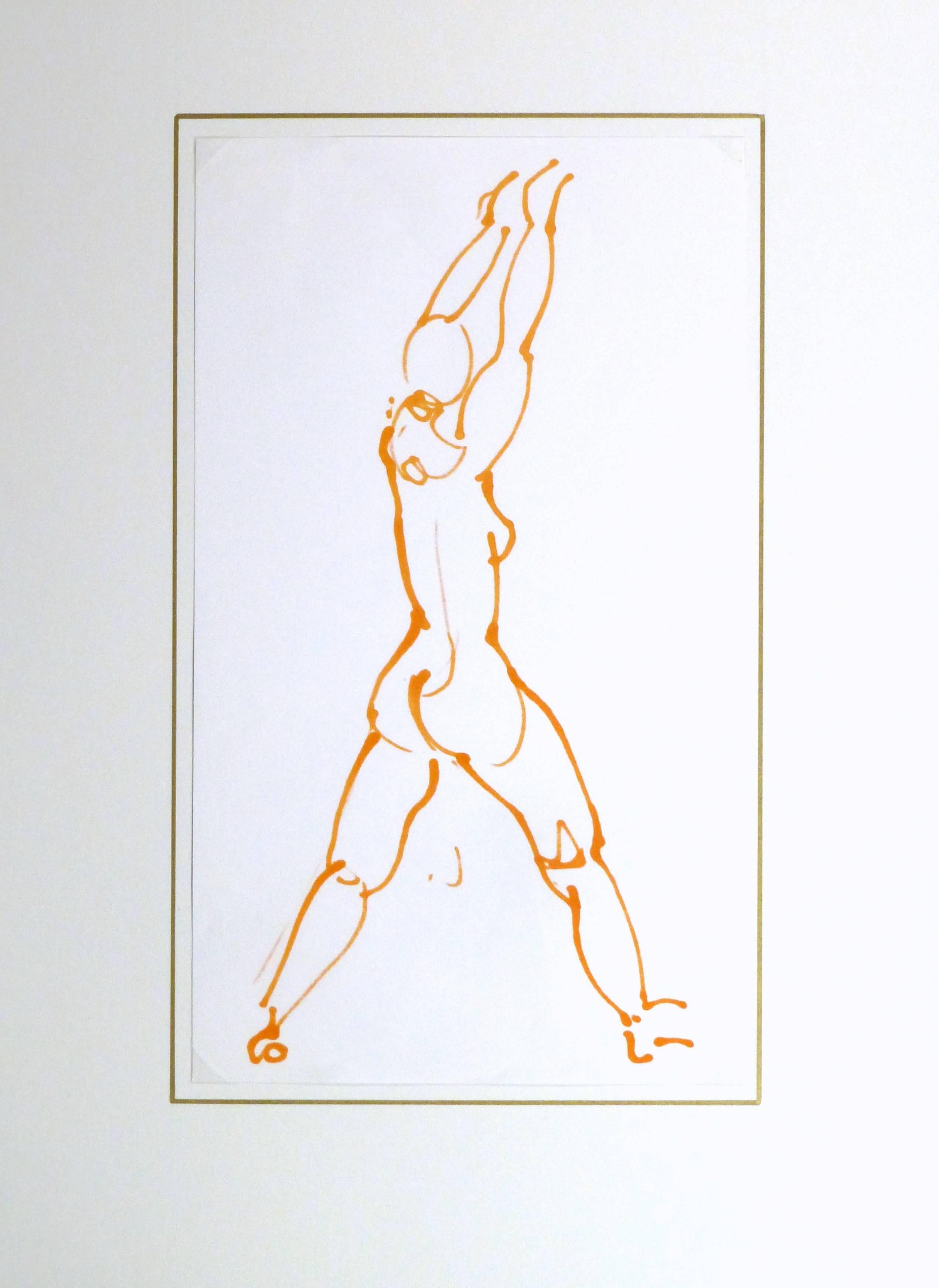Französische Tuscheskizze eines stehenden und sich reckenden weiblichen Aktes in leuchtendem Orange des französisch-japanischen Künstlers Kei Mitsuuchi (1948-2001), um 1990

Originalkunstwerk auf Papier auf einem weißen Passepartout mit Goldrand.