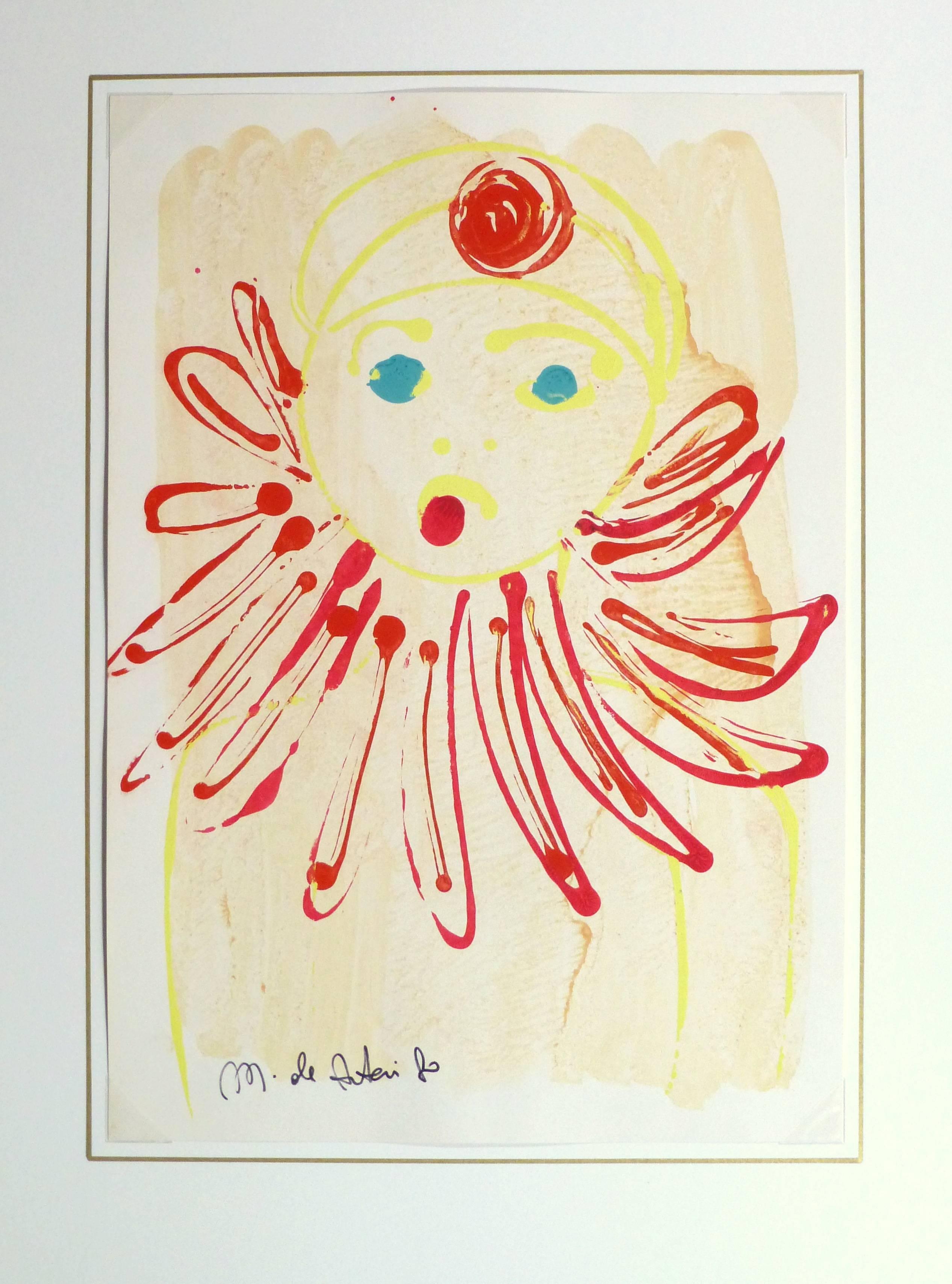 Vividly hued abstract painting of a clown by French artist M. de Anteri, 1980. Signed lower left. 

Original artwork on paper displayed on a white mat with a gold border. Archival plastic sleeve and Certificate of Authenticity included. Artwork,