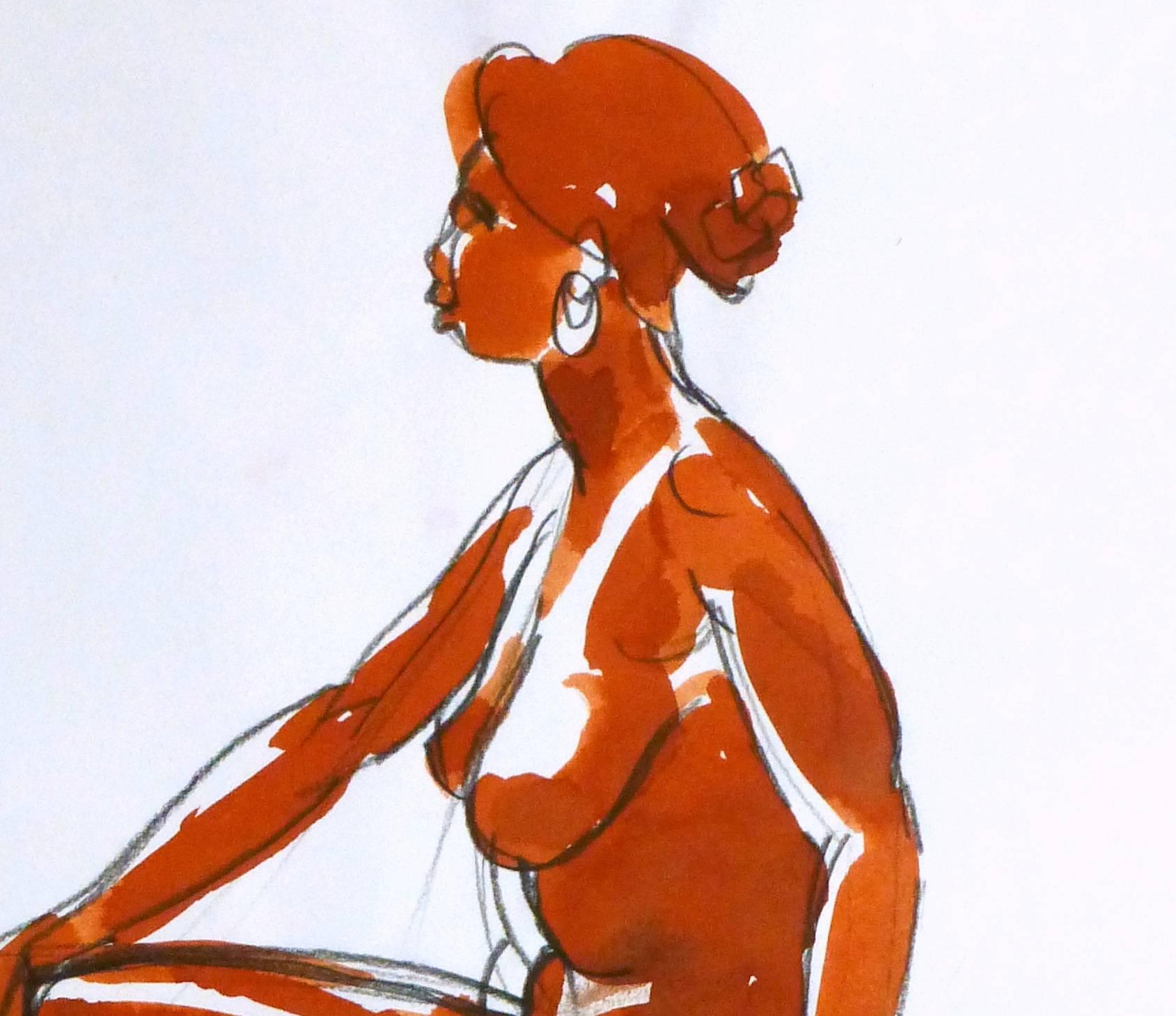 Radiant ink and charcoal painting of a nude female figure seated on a stool in a rich rust hue, circa 1960. 

Original artwork on paper displayed on a white mat with a gold border. Archival plastic sleeve and Certificate of Authenticity included.