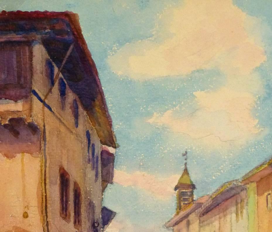 Peinture à l'aquarelle ancienne de ville française - Art de Alphonse Soumers