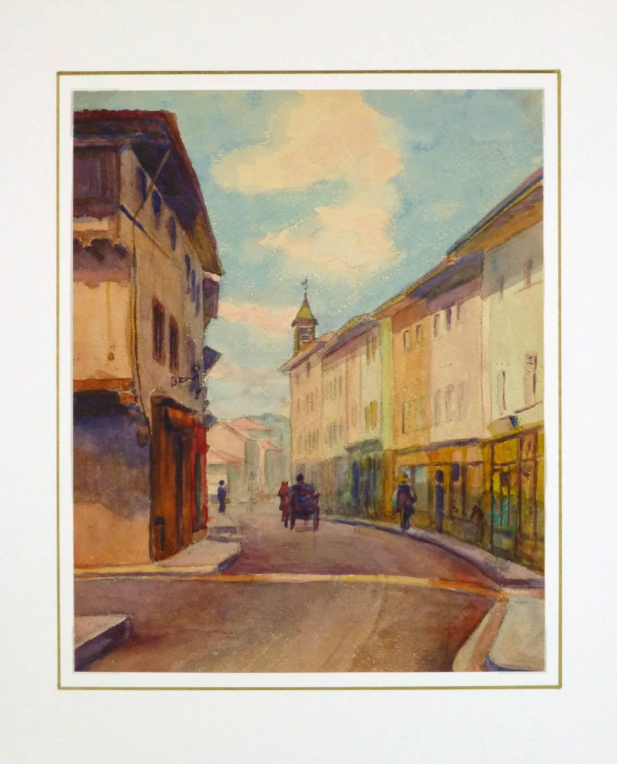 Peinture à l'aquarelle ancienne de ville française - Marron Landscape Art par Alphonse Soumers