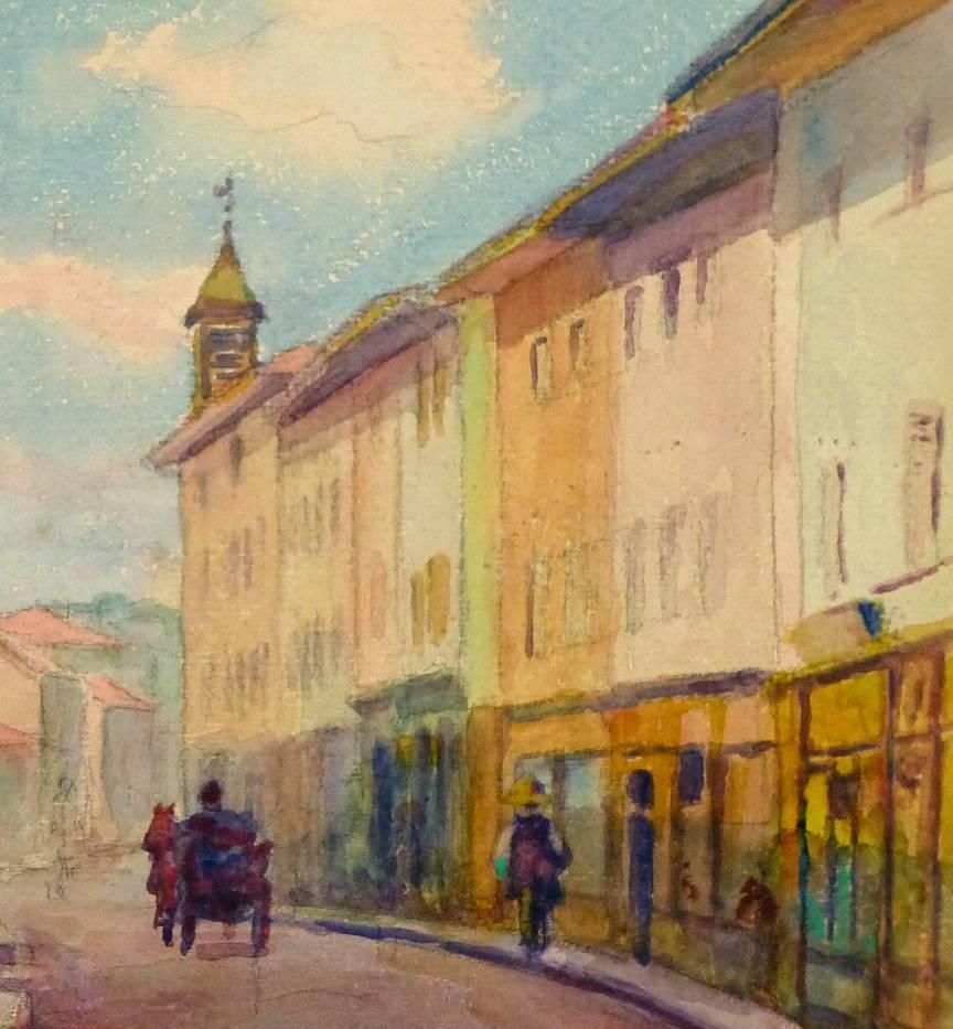 Peinture à l'aquarelle ancienne de ville française - Autres styles artistiques Art par Alphonse Soumers