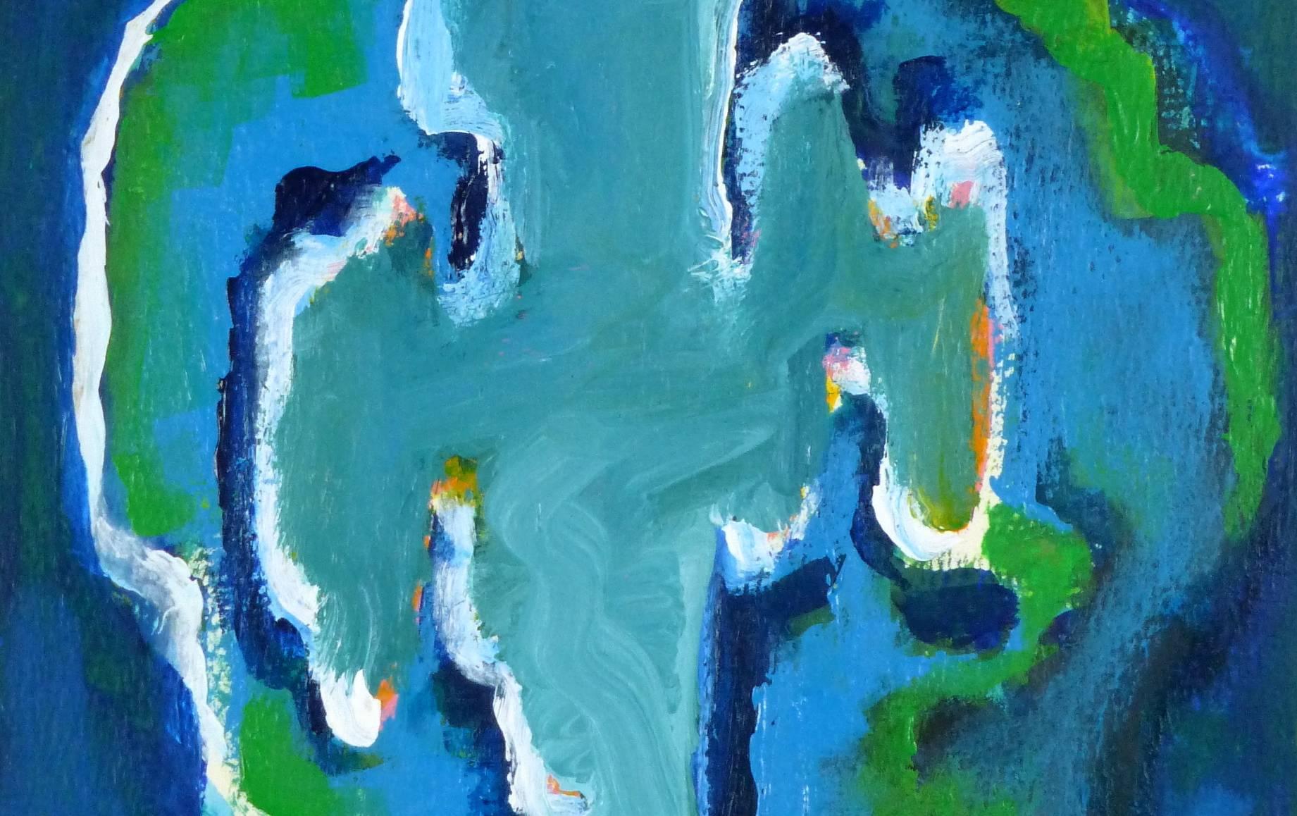 Fluid abstract painting in blue hues by French artist Pascal Boucher, circa 1980. 

Original one-of-a-kind vintage work of art on paper displayed on a white mat with a gold border and fits a standard-size frame. Archival plastic sleeve and