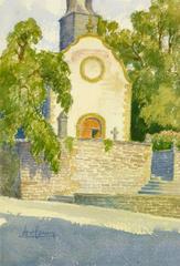 Vintage French Watercolor Church Architecture Painting
