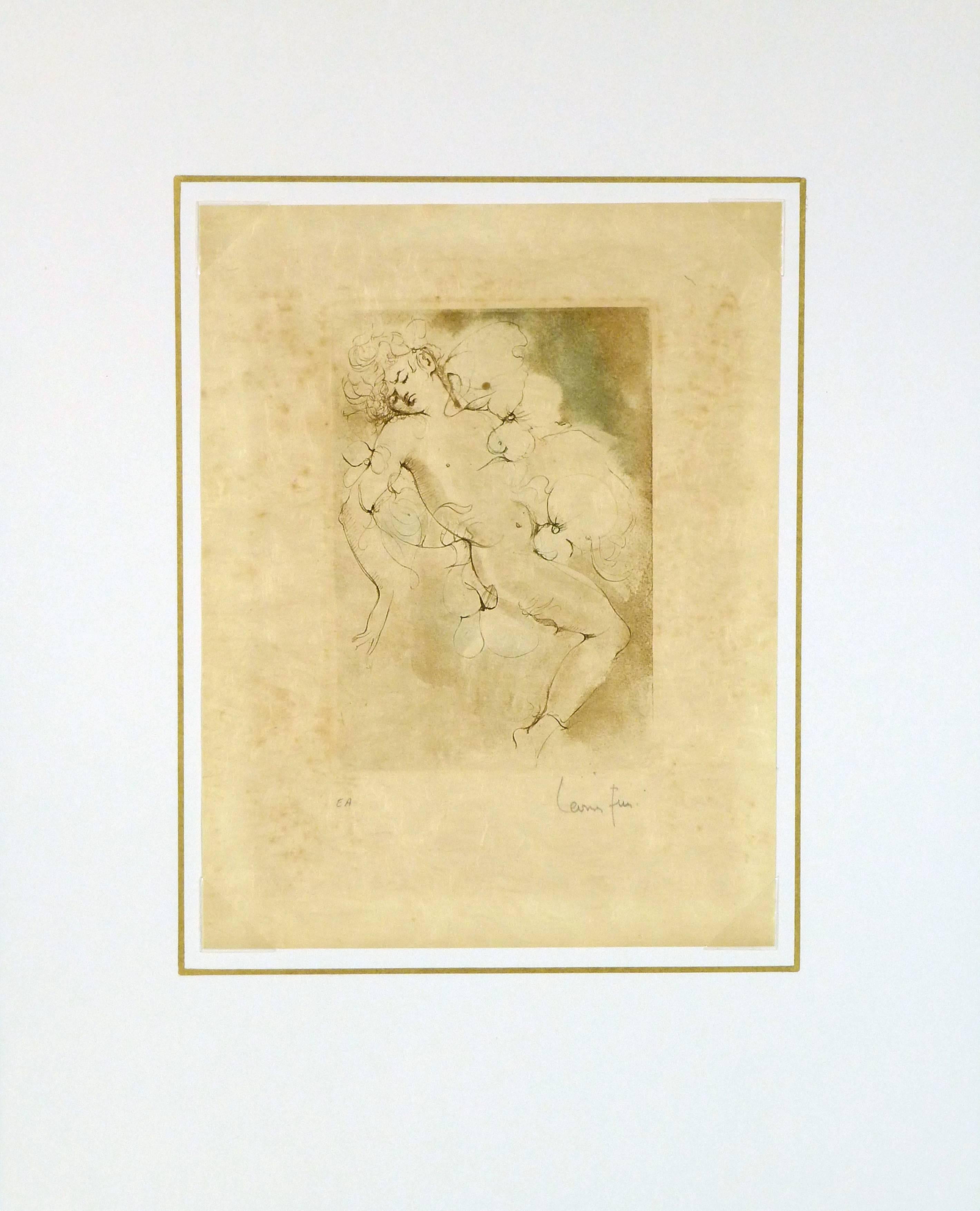 Etching of a female nude figure by artist Leonor Fini (1908-1996), circa 1960. Signed in pencil lower right. 

Original vintage work of art on paper displayed on a white mat with a gold border and fits a standard-size frame. Archival plastic sleeve