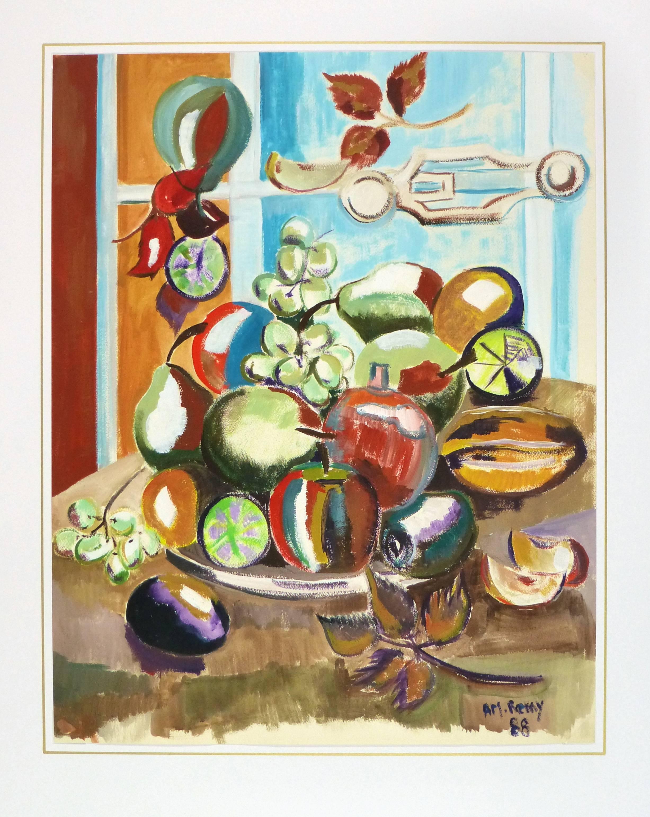Eye-catching still life of fruit in front of window with striking use of color by French artist AM. Remy, 1988. Signed and dated lower right.

Original one-of-a-kind vintage work of art on paper displayed on a white mat with a gold border. Mat fits
