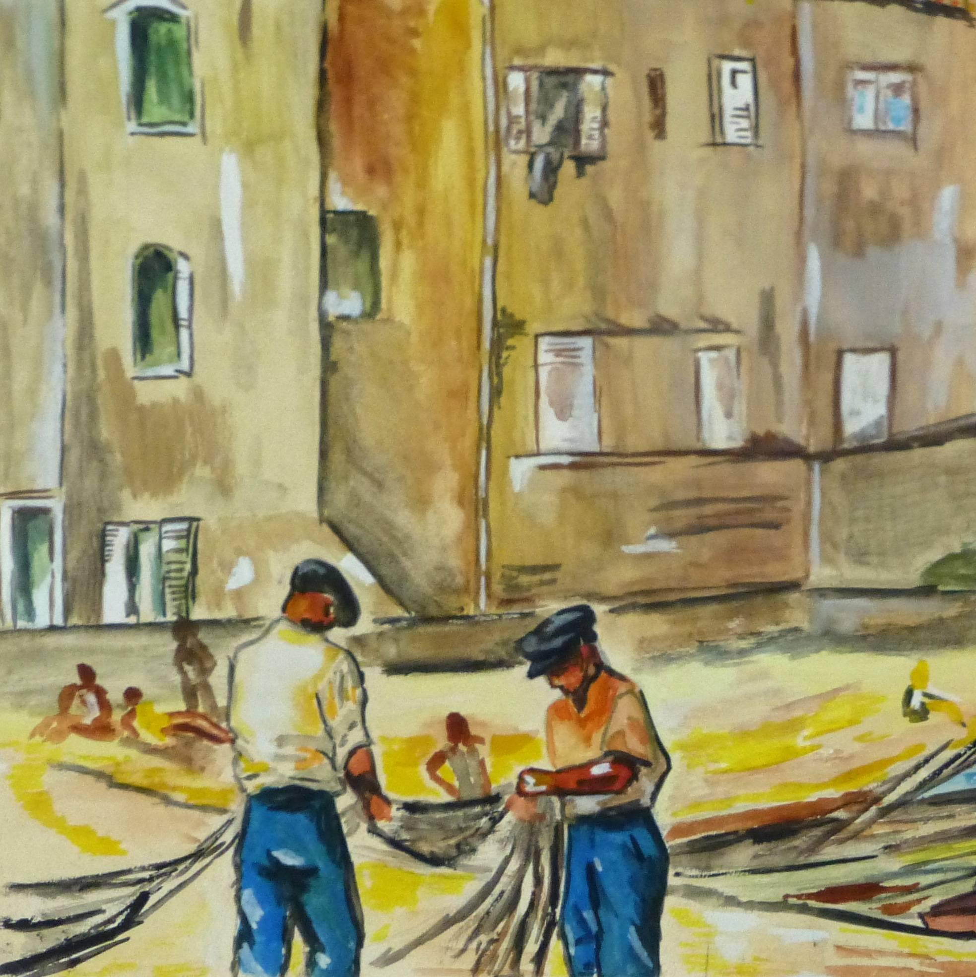 Peinture de paysage méditerranéenne vintage représentant des ports et des bateaux - Autres styles artistiques Painting par Unknown