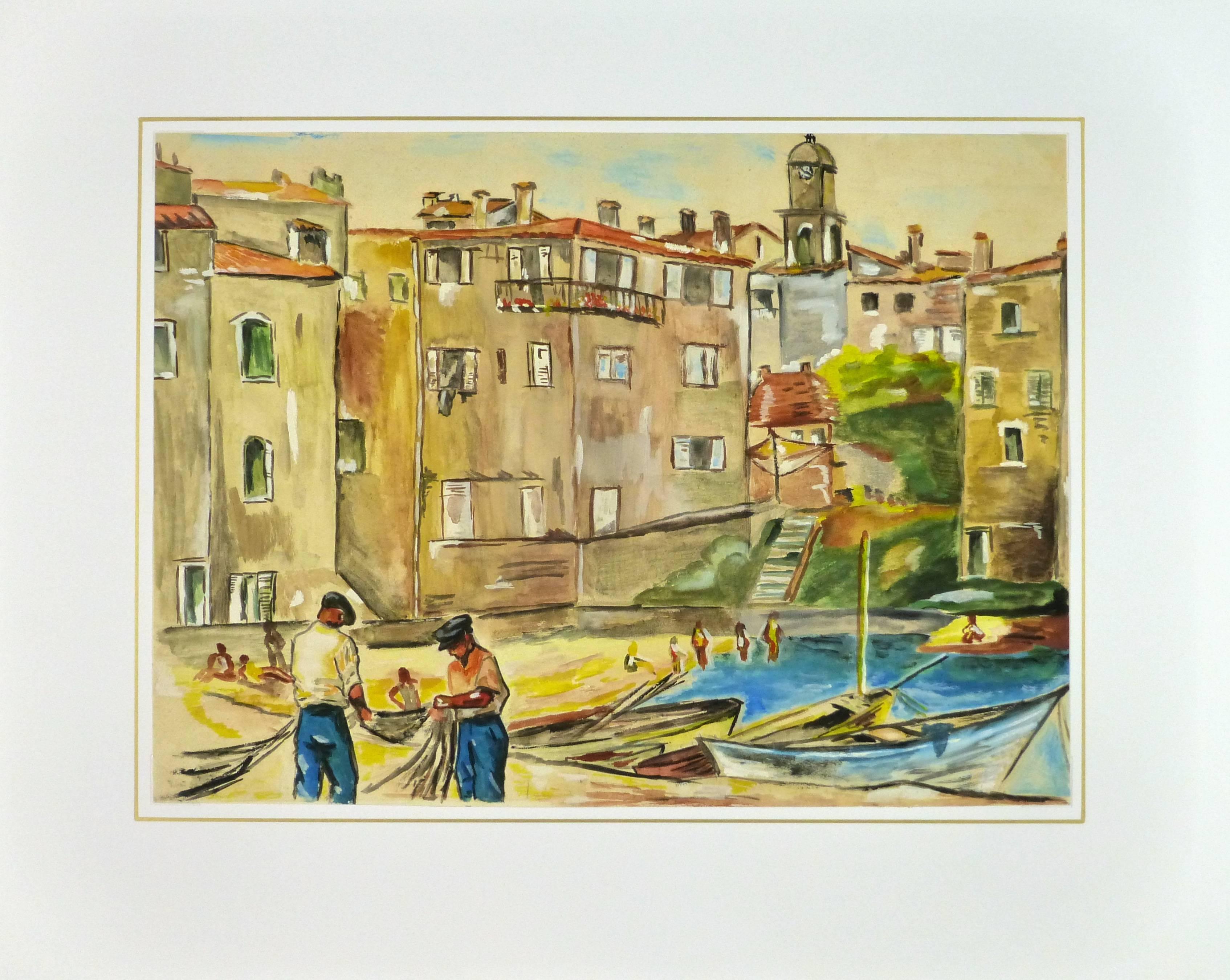 Peinture de paysage méditerranéenne vintage représentant des ports et des bateaux - Marron Landscape Painting par Unknown