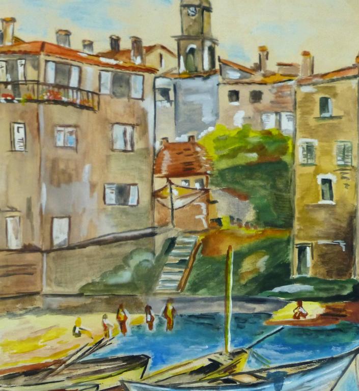 Vintage Mediterranean Port and Boats Landscape Painting For Sale 1
