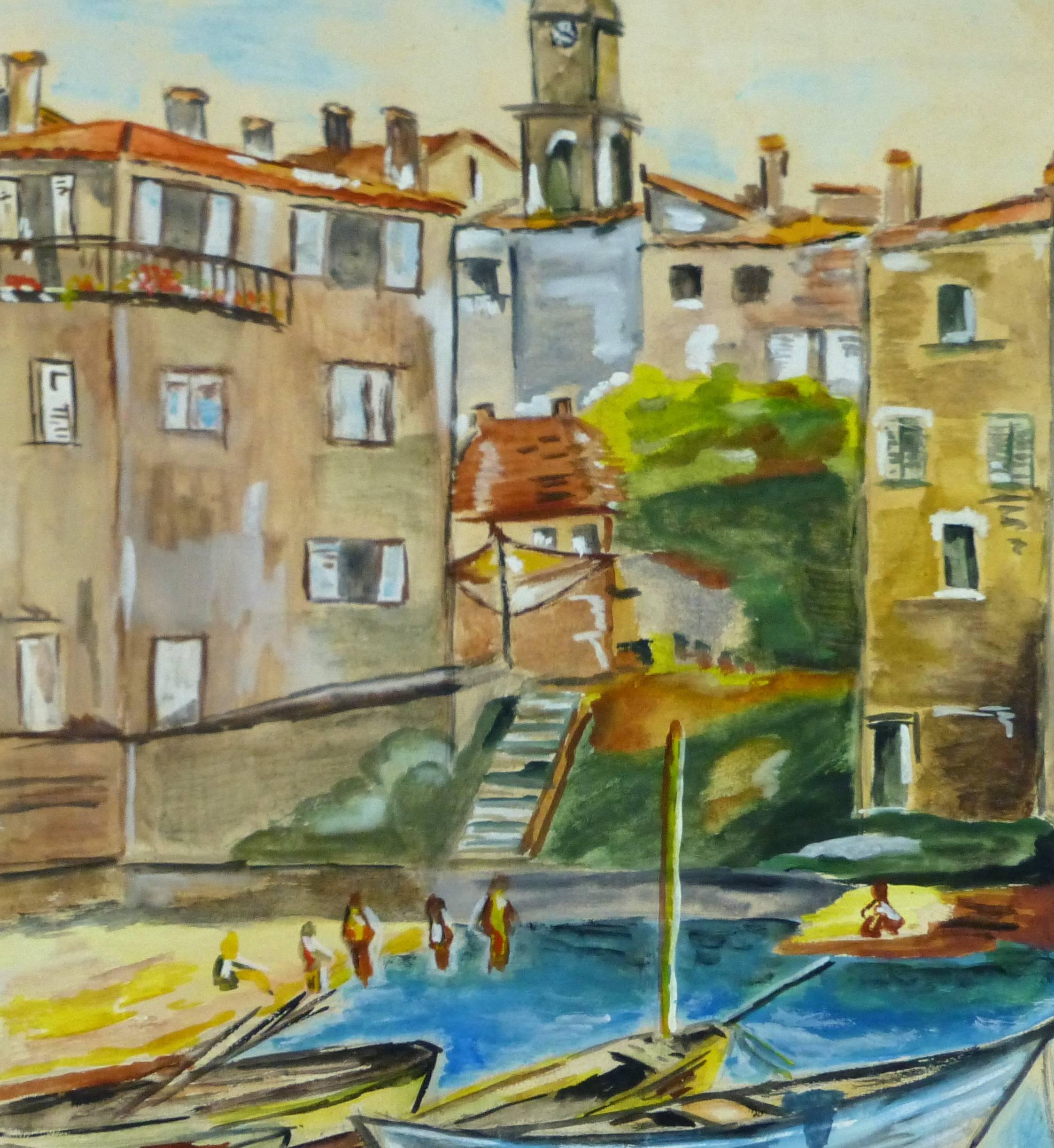 Peinture de paysage méditerranéenne vintage représentant des ports et des bateaux - Painting de Unknown