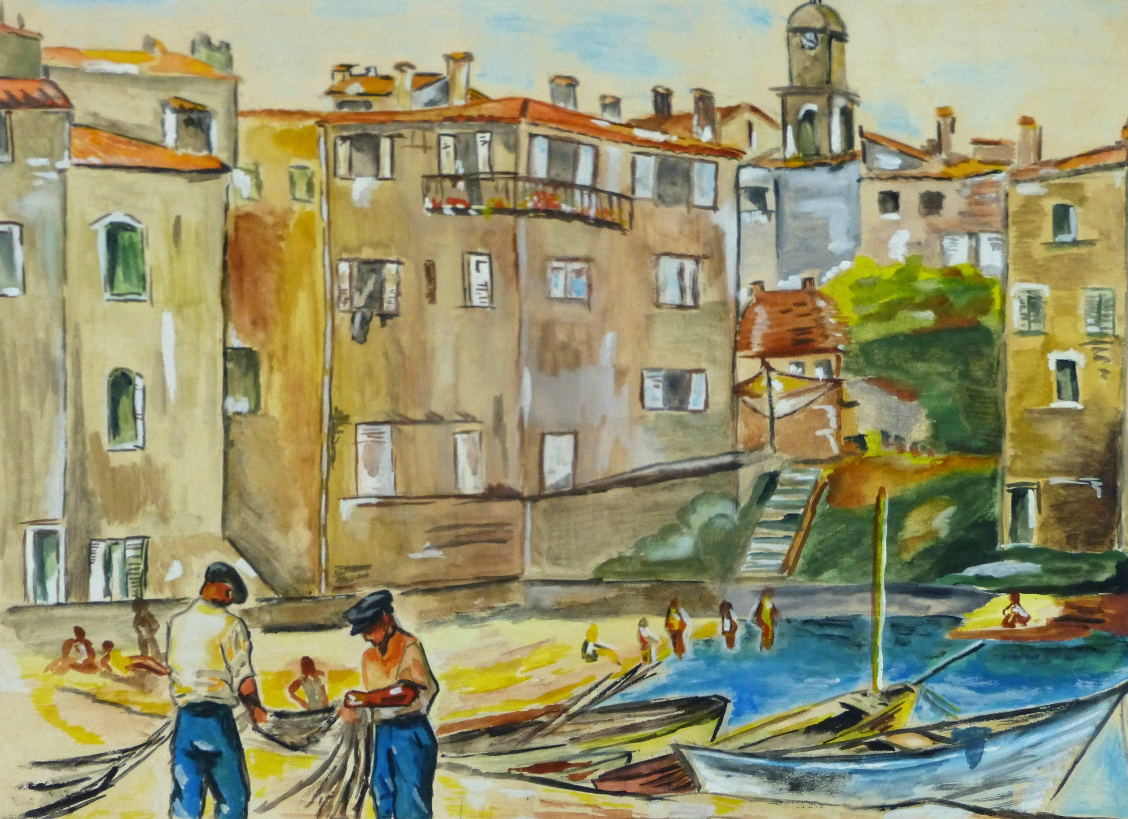 Landscape Painting Unknown - Peinture de paysage méditerranéenne vintage représentant des ports et des bateaux