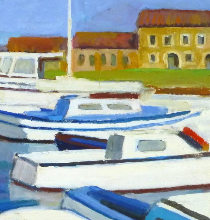 Vintage French Boat and Marina Landscape Painting For Sale 1