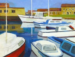 Vintage French Boat and Marina Landscape Painting