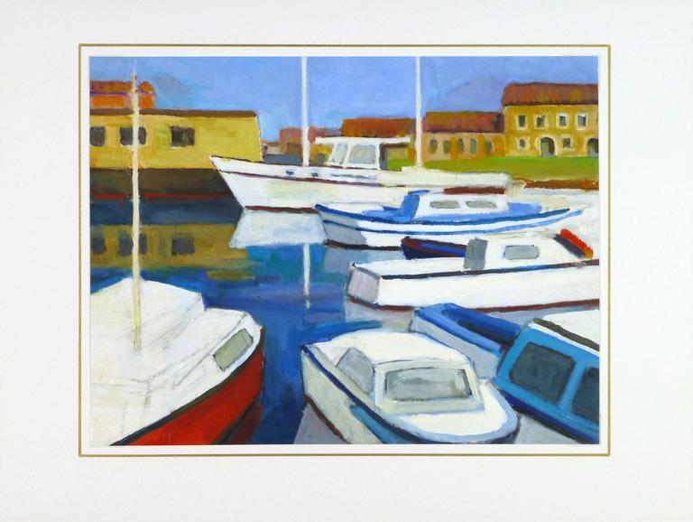Vintage French Boat and Marina Landscape Painting For Sale 3