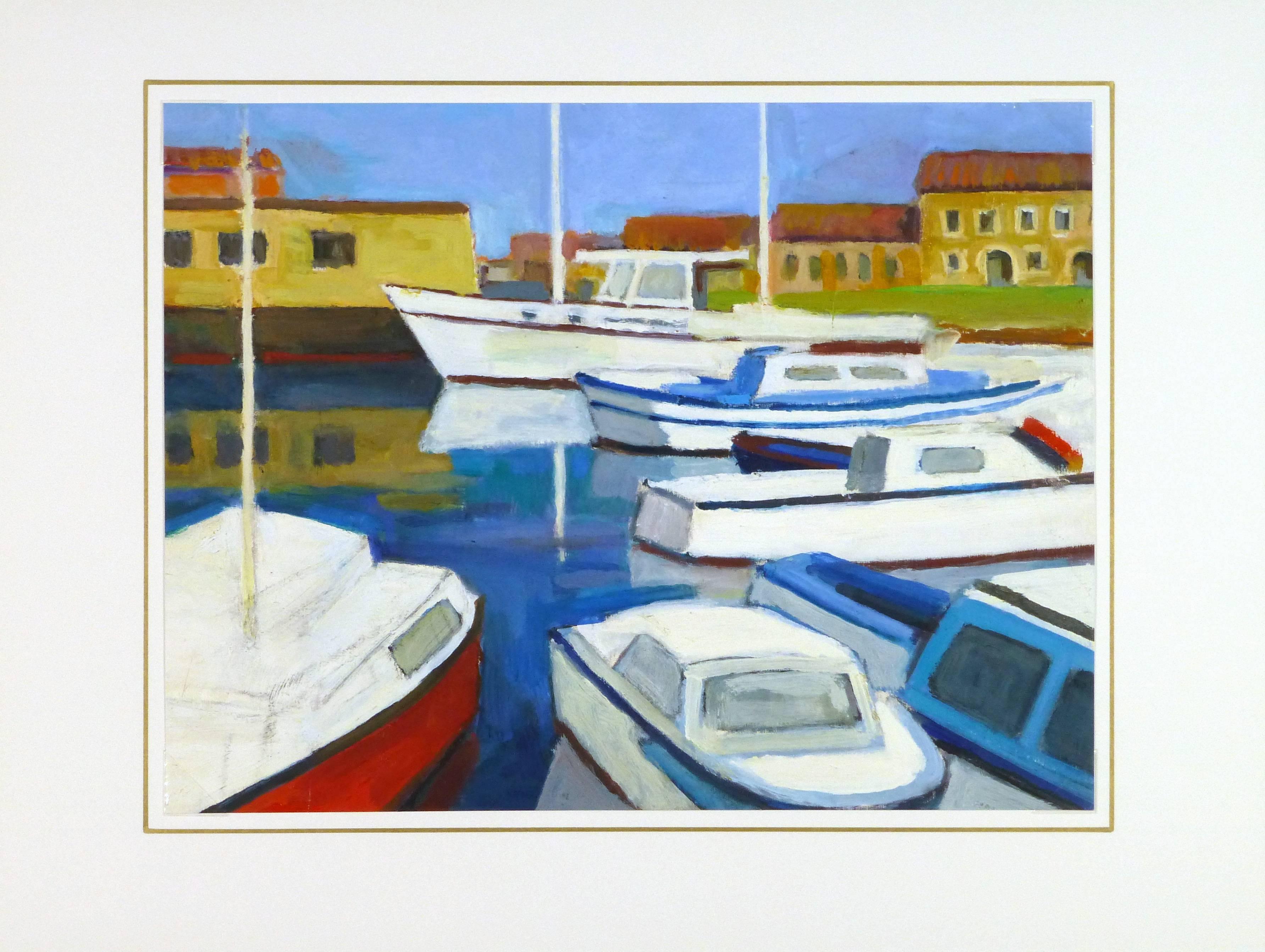 Soothing French painting of a peaceful scene of boats docked at a small marina, circa 1950. 

Original one-of-a-kind vintage work of art on paper displayed on a white mat with a gold border. Mat fits a standard-size frame. Archival plastic sleeve