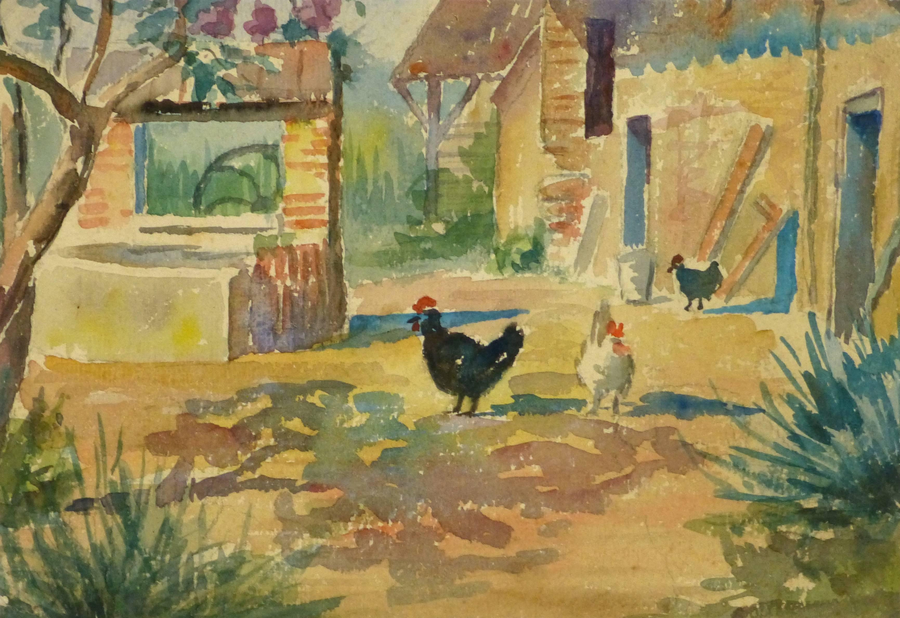 Unknown Animal Art - French Farm Landscape Watercolor