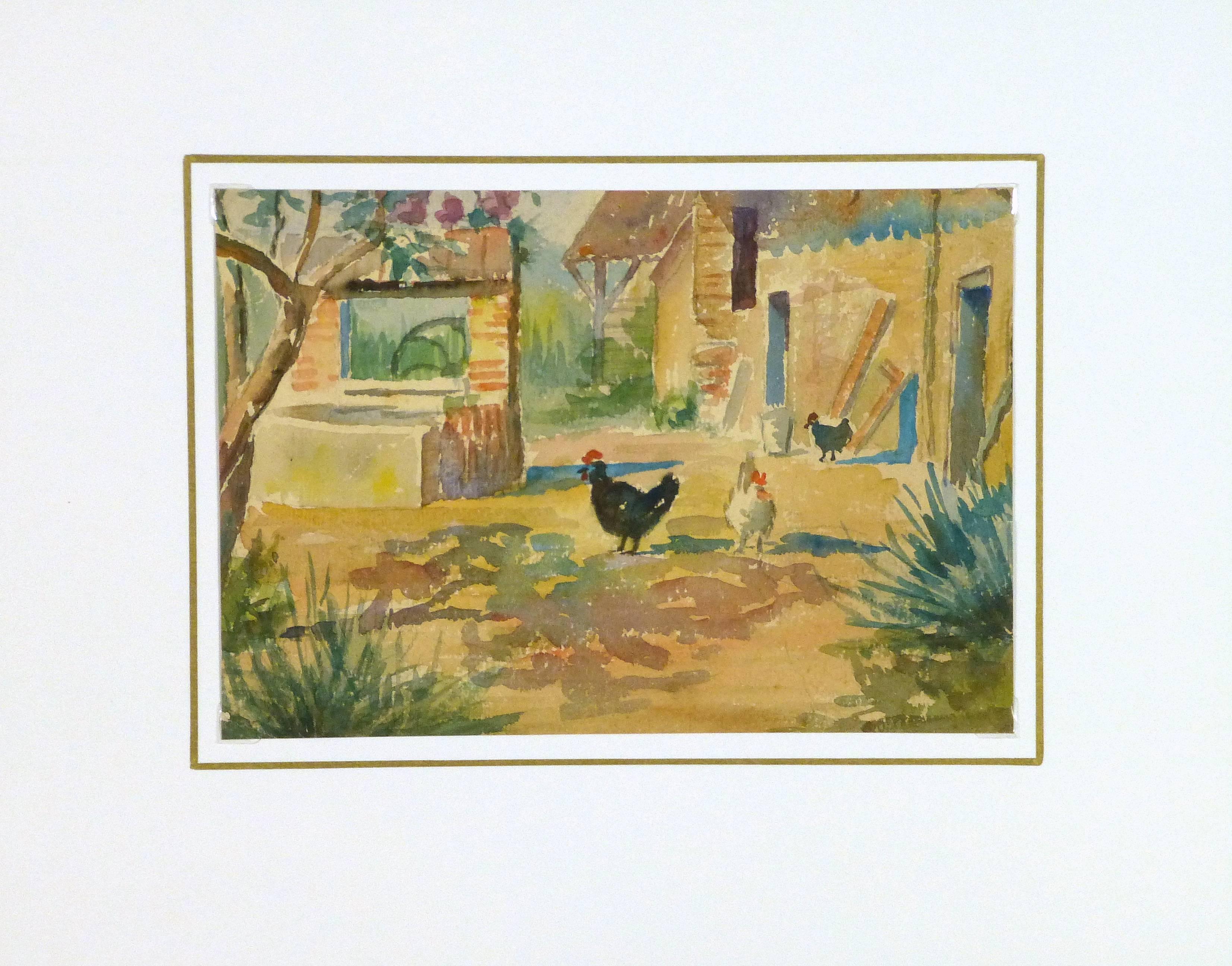 French Farm Landscape Watercolor - Brown Animal Art by Unknown