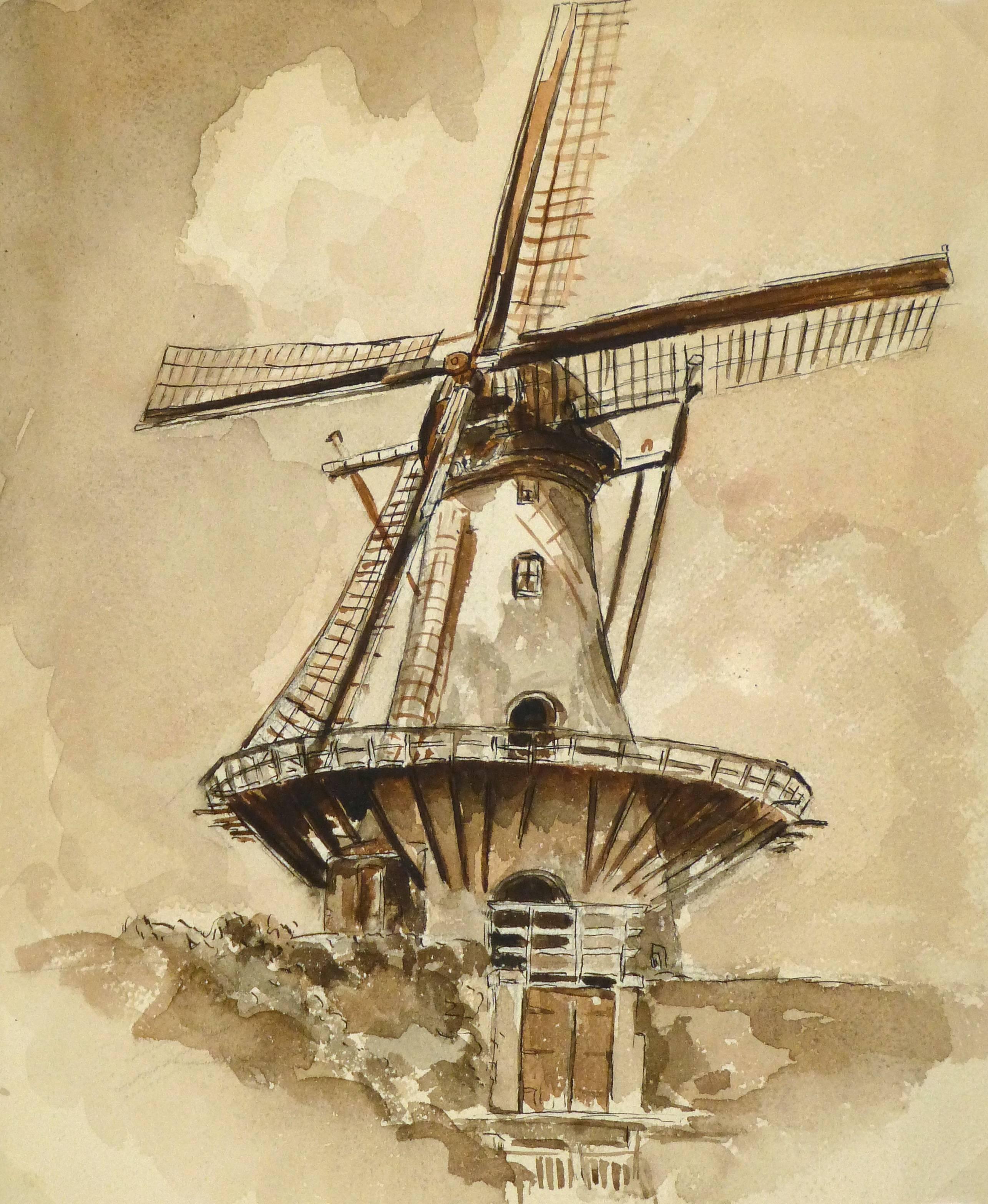 Unknown Landscape Art - Windmill Watercolor Painting