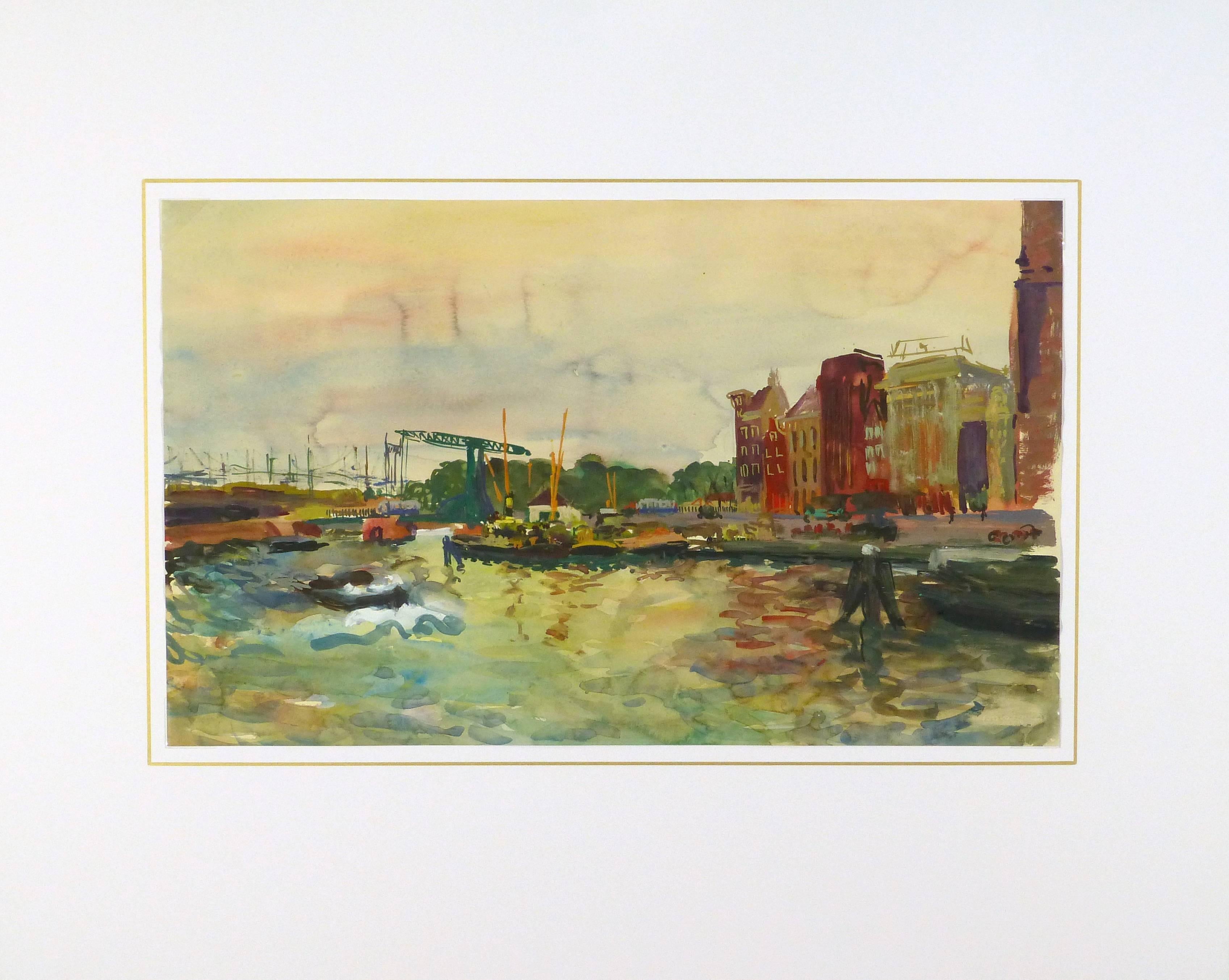 Vintage French Waterfront Landscape Painting 2