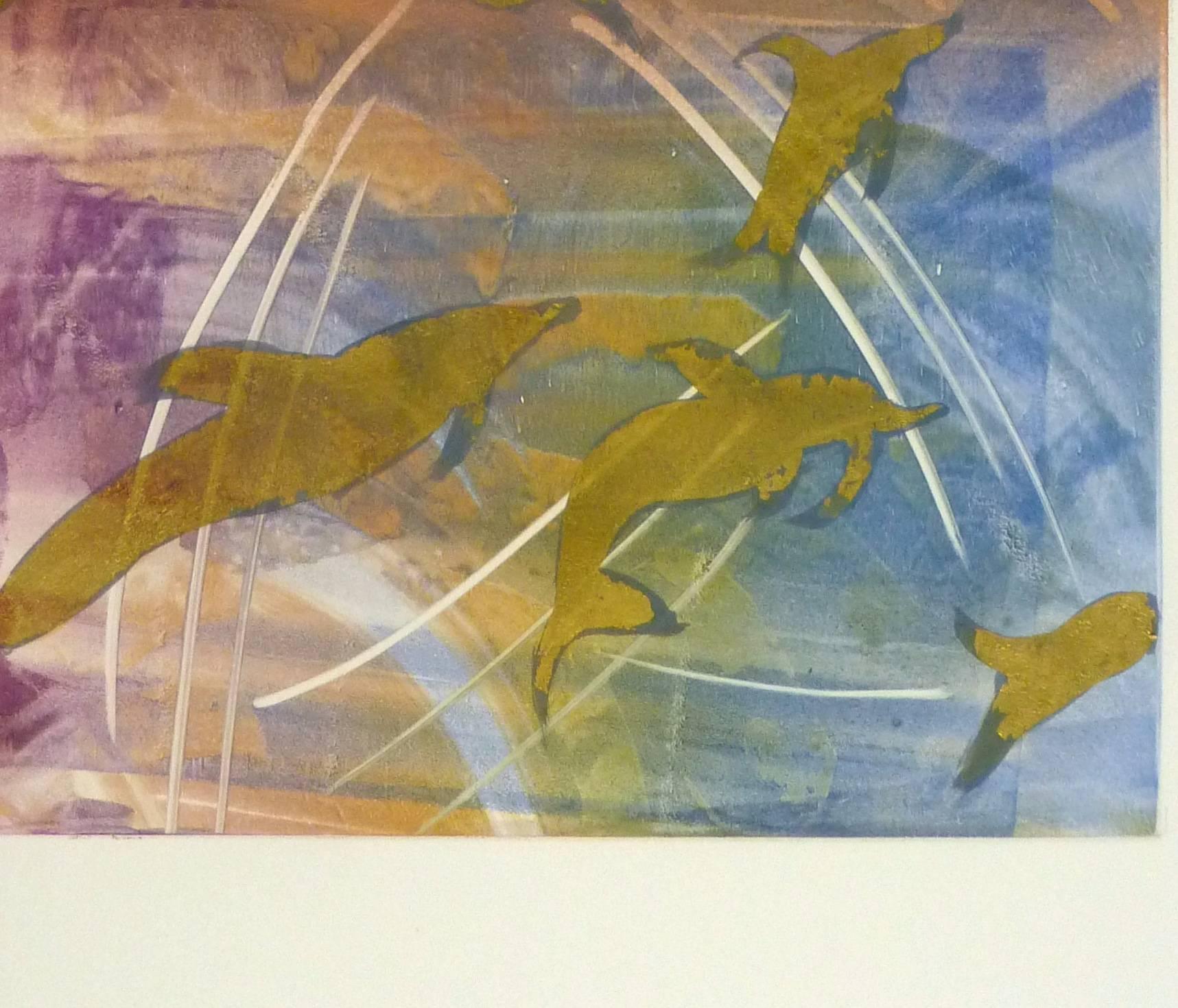Wonderful mixed media linocut, highlighting dolphins and whales in sparkling paints by American artist Kismine Varner, circa 1990. Unsigned.

Original artwork on paper displayed on a white mat with a gold border. Archival plastic sleeve and