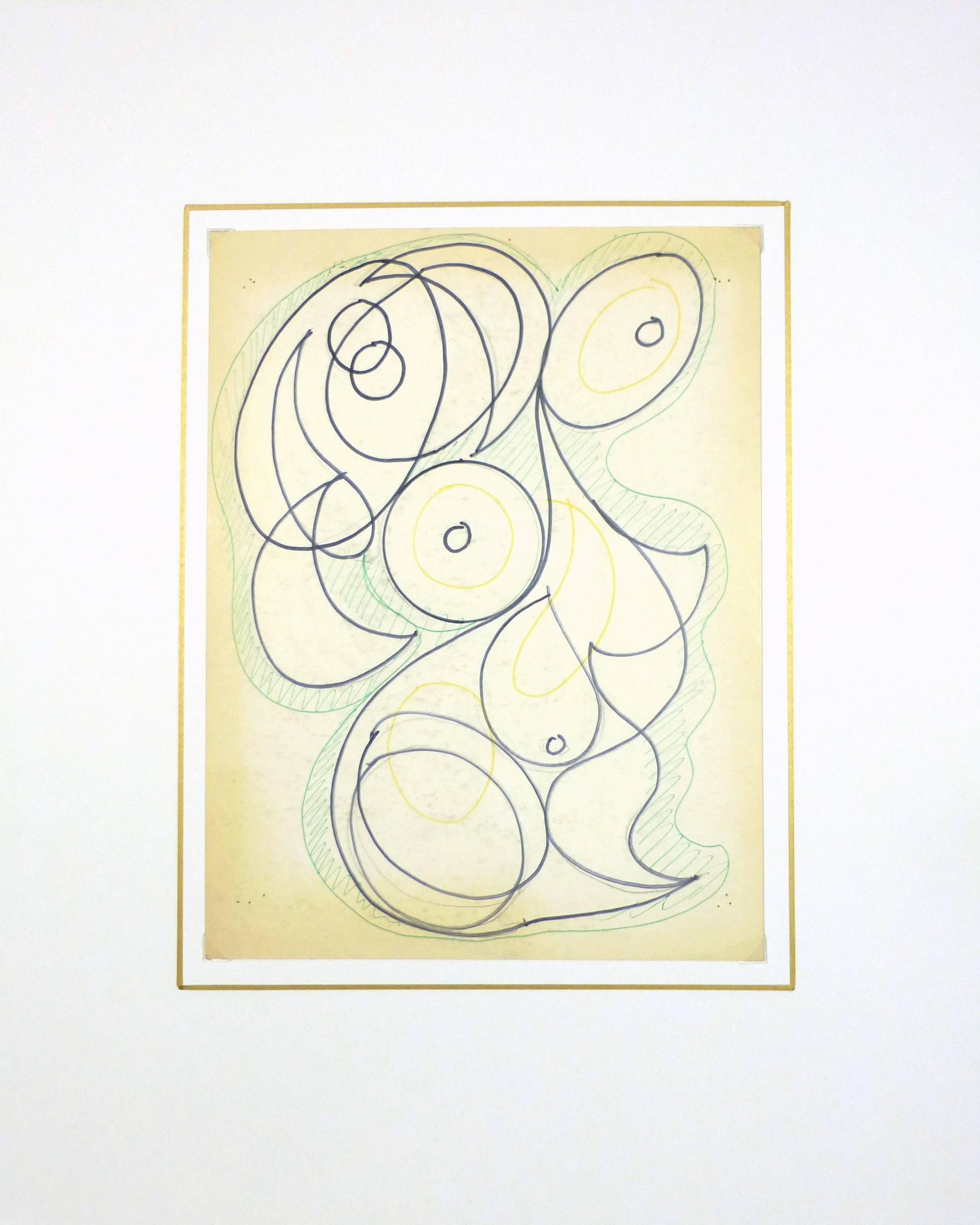 French pen and ink abstract using curvilinear black and green forms, 1975

Original artwork on paper displayed on a white mat with a gold border. Archival plastic sleeve and Certificate of Authenticity included. Artwork, 11.75