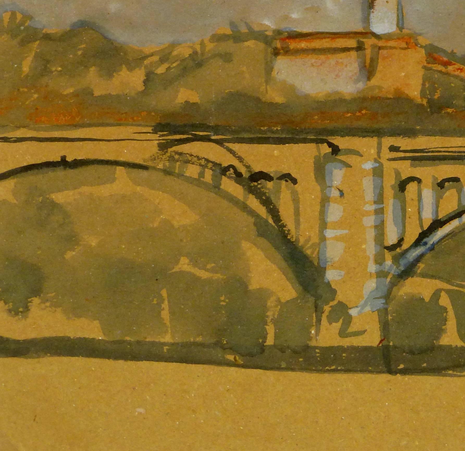 Skyline industriale francese con ponte - Landscape Painting Marrone di Unknown