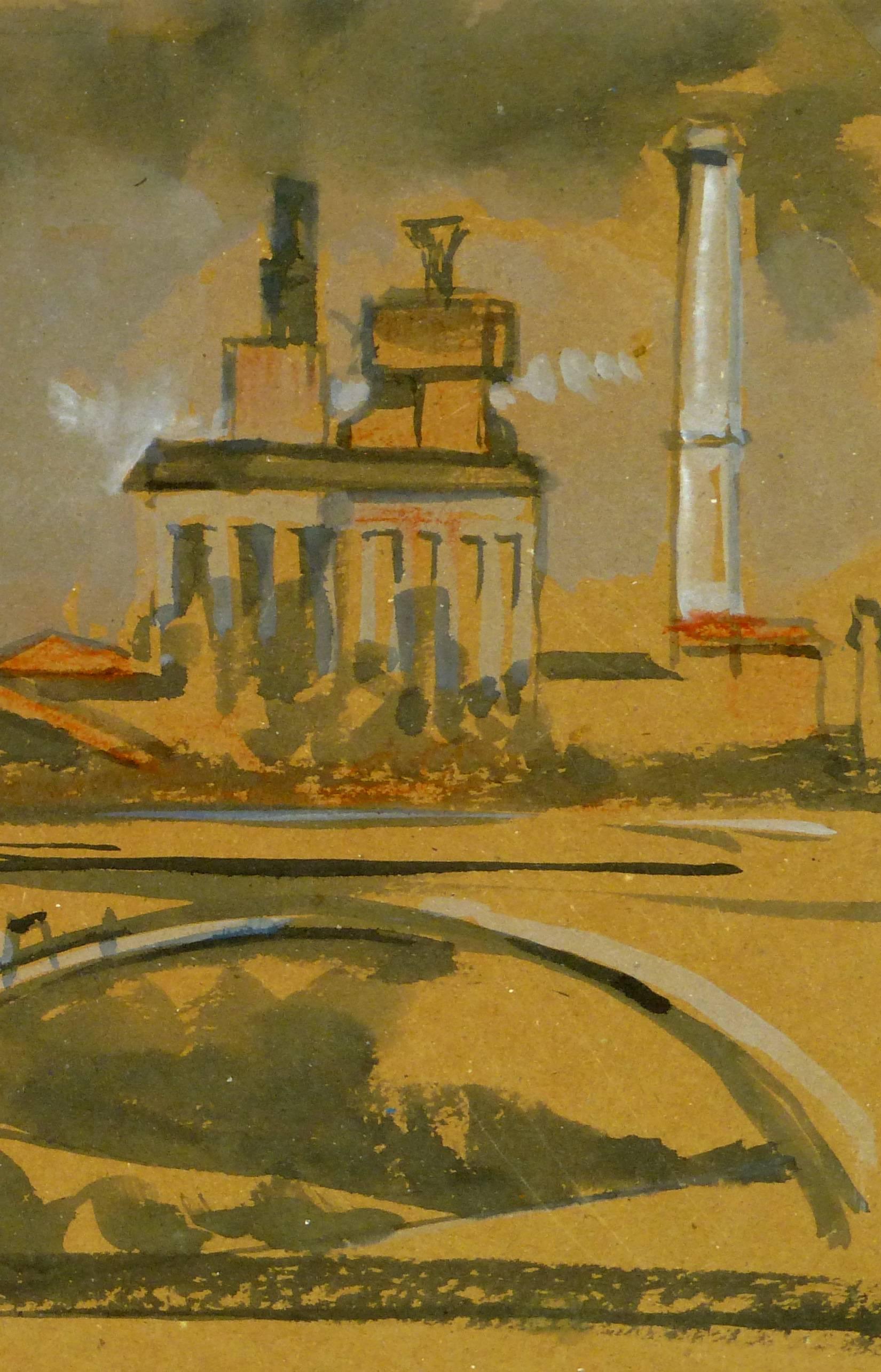 Skyline industriale francese con ponte - Painting di Unknown