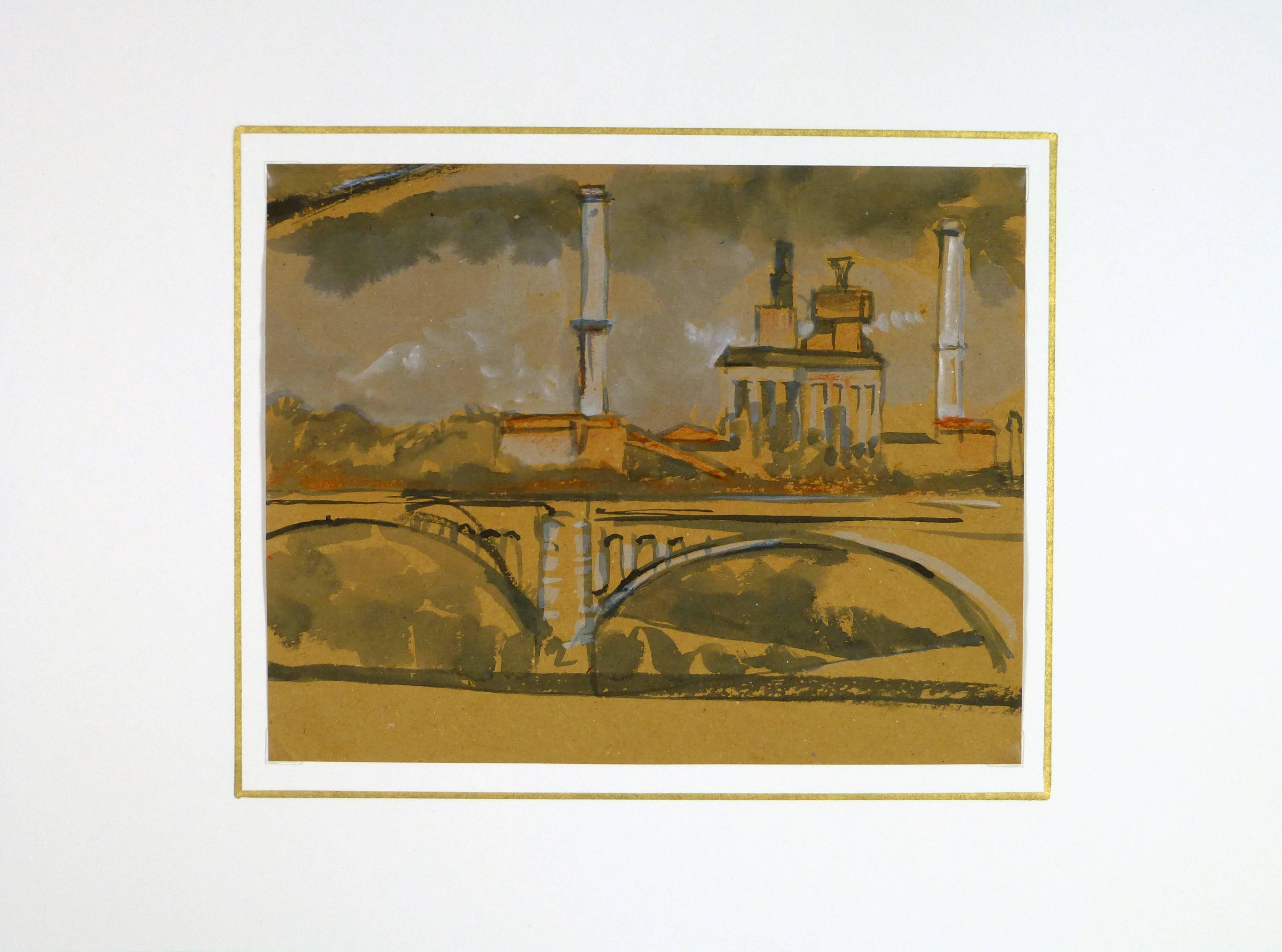 Dipinto a guazzo su carta della metà del secolo scorso, raffigurante uno skyline industriale con un ponte in primo piano.

Opera d'arte originale su carta esposta su un tappetino bianco con bordo dorato. Custodia in plastica per archivi e