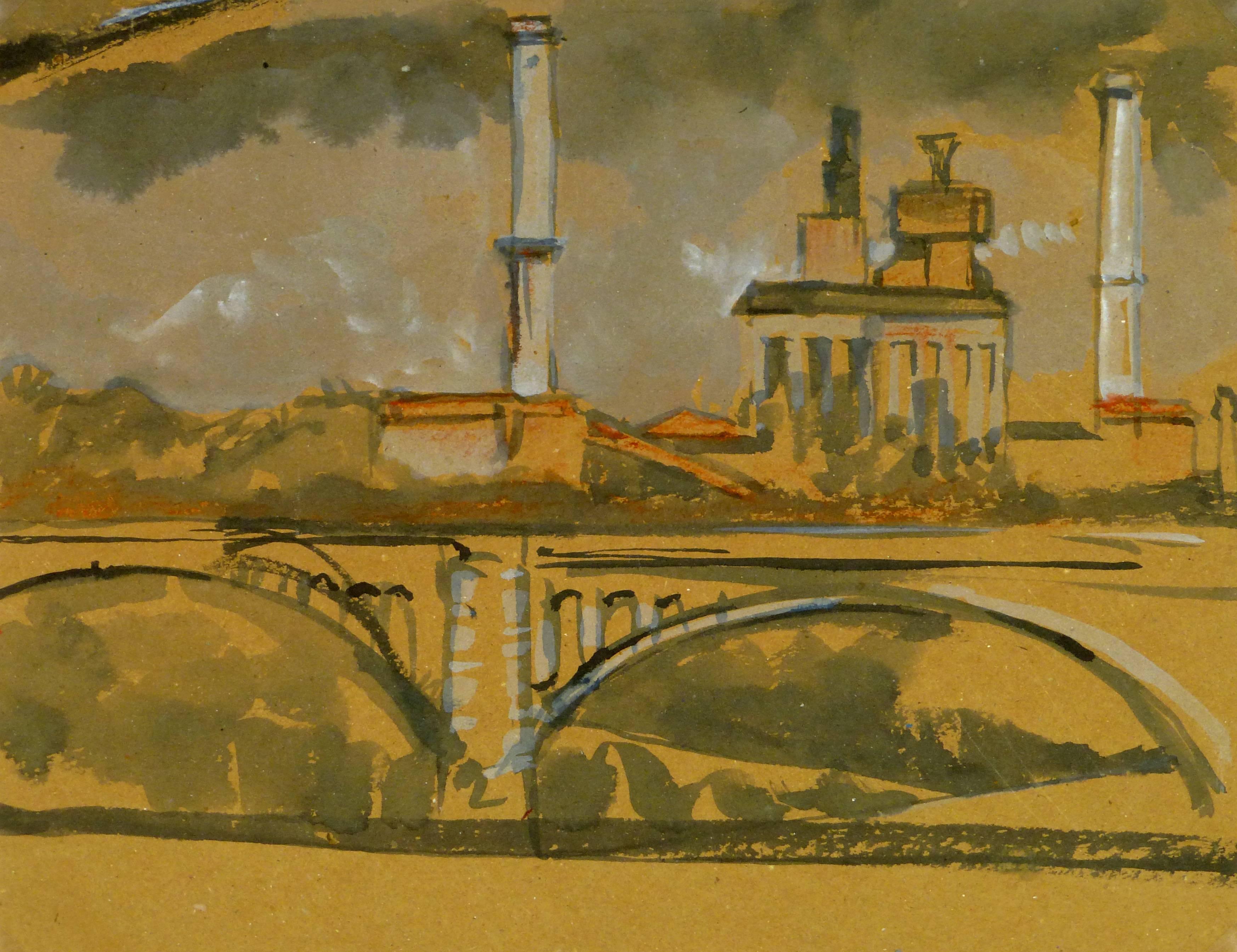 Landscape Painting di Unknown - Skyline industriale francese con ponte