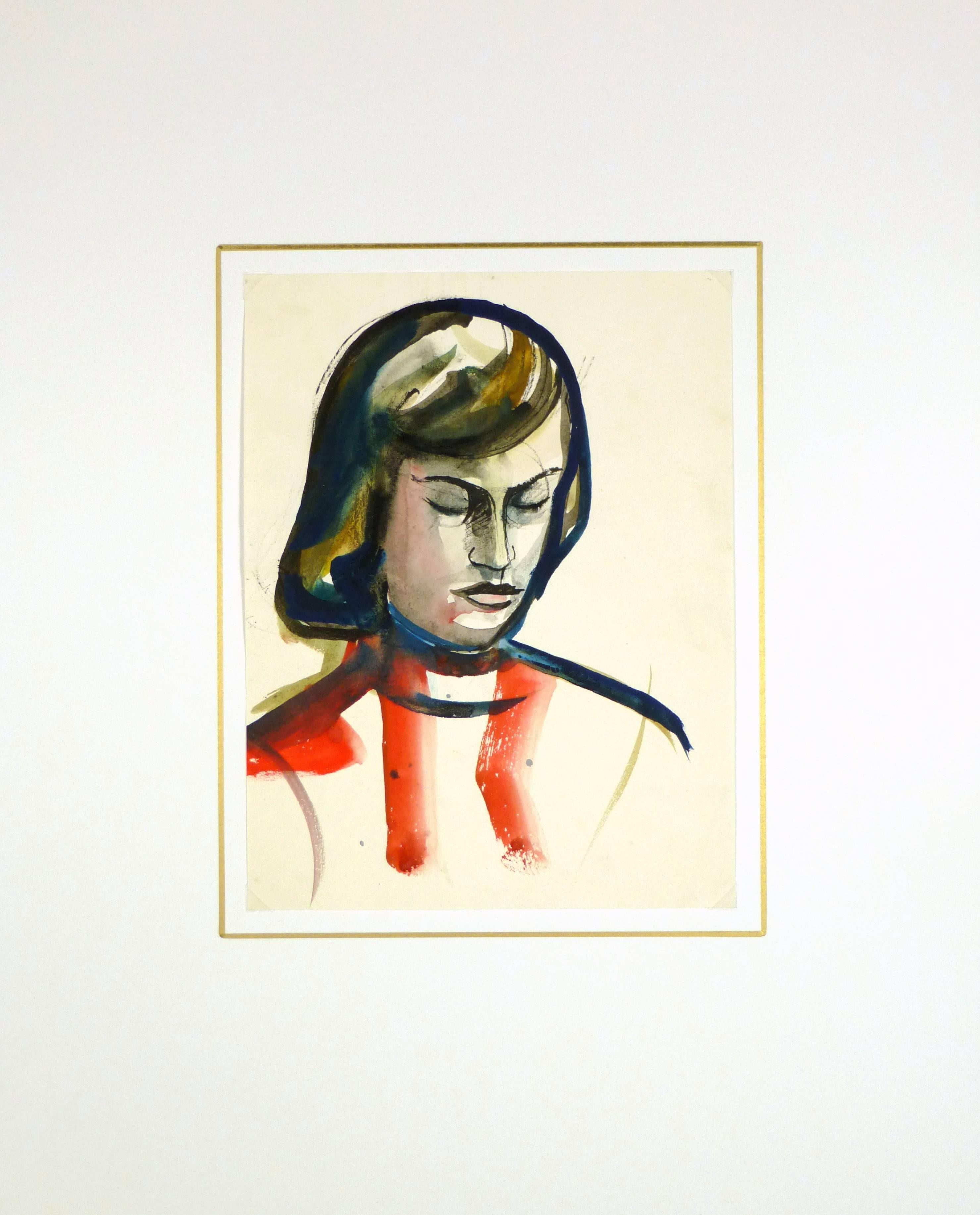 Stunning portrait of French lady in gouache on paper, circa 1950.

Original artwork on paper displayed on a white mat with a gold border. Archival plastic sleeve and Certificate of Authenticity included. Artwork, 7.75