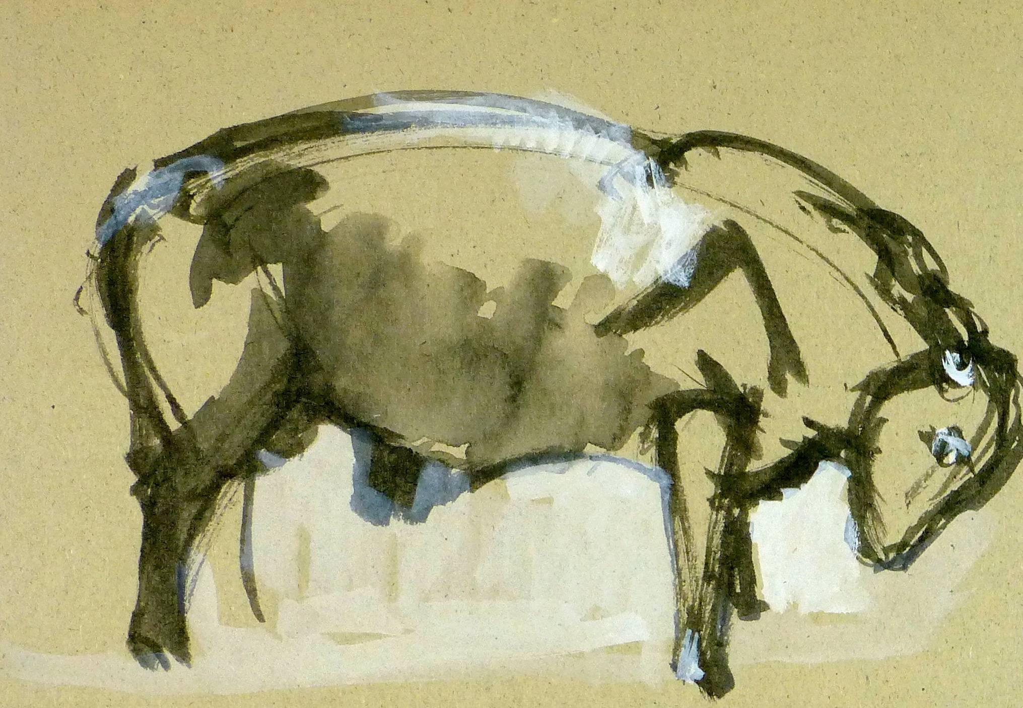 Black & White Ink Wash of Cattle - Art by Unknown