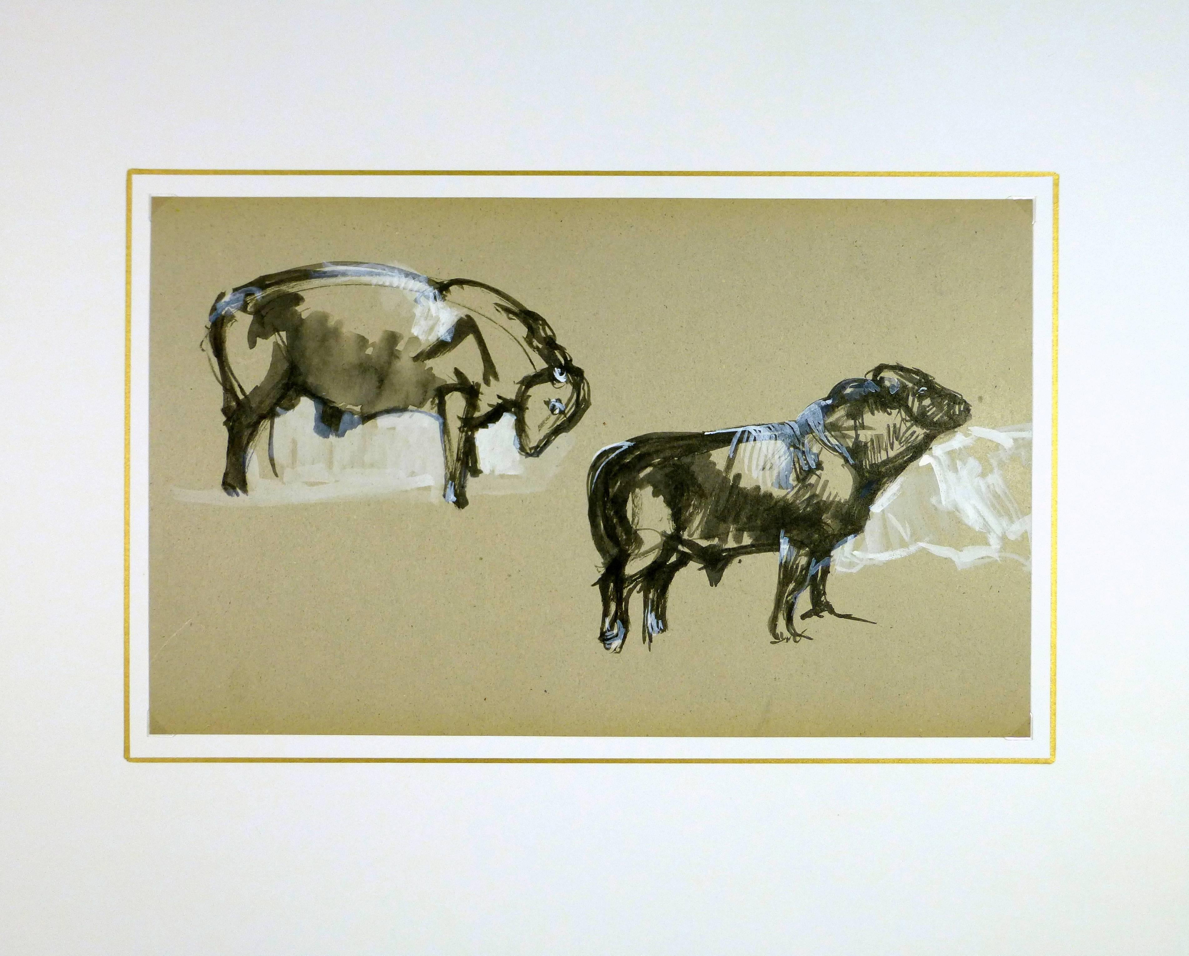 French black and white ink wash of cattle by artist J. Marchand, circa 1920.

Original artwork on paper displayed on a white mat with a gold border. Mat fits a standard-sized frame. Archival plastic sleeve and Certificate of Authenticity included.