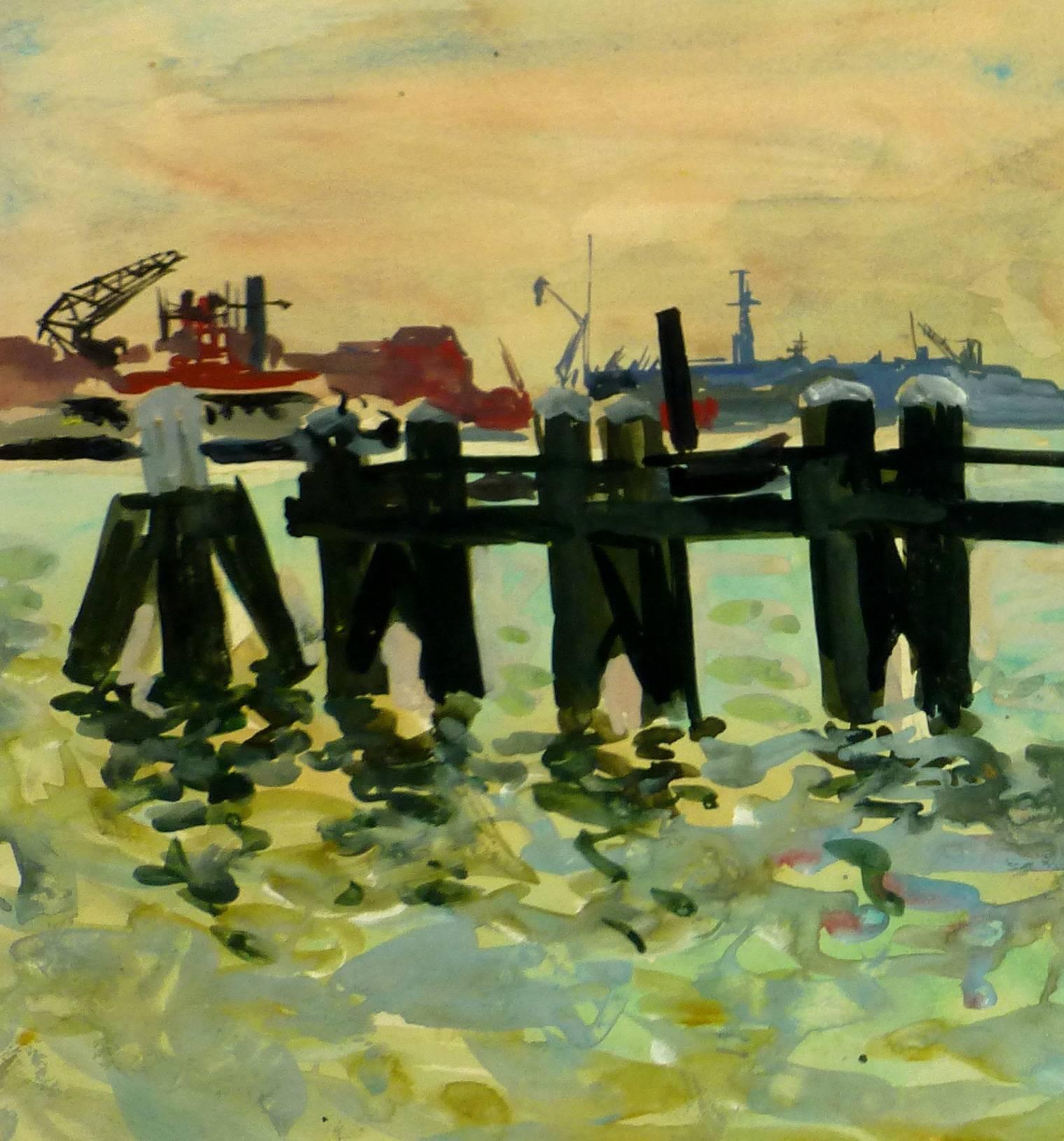 French Pier and Port Skyline - Painting by Stephane Magnard