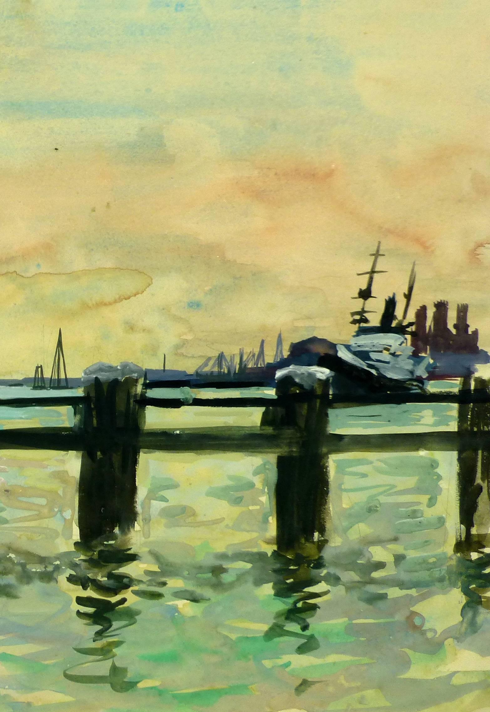 French Pier and Port Skyline - Beige Landscape Painting by Stephane Magnard