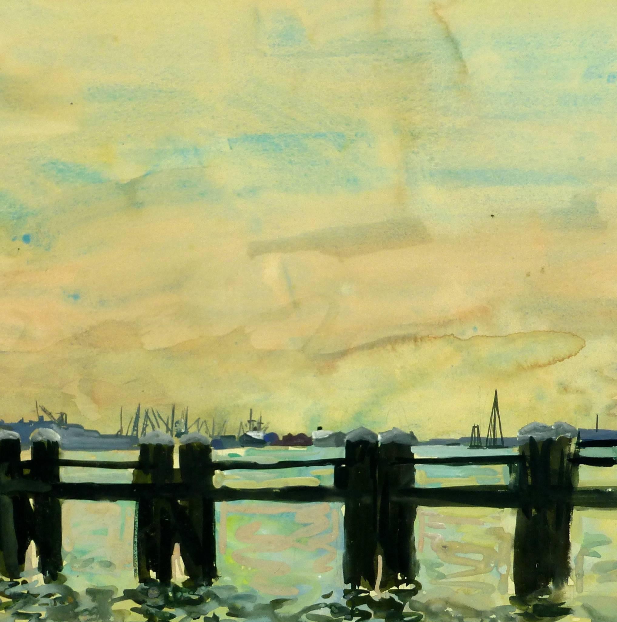 Gouache painting of pier with port in background by French artist Stephane Magnard (1917-2010).

Original artwork on paper displayed on a white mat with a gold border. Archival plastic sleeve and Certificate of Authenticity included. Artwork,