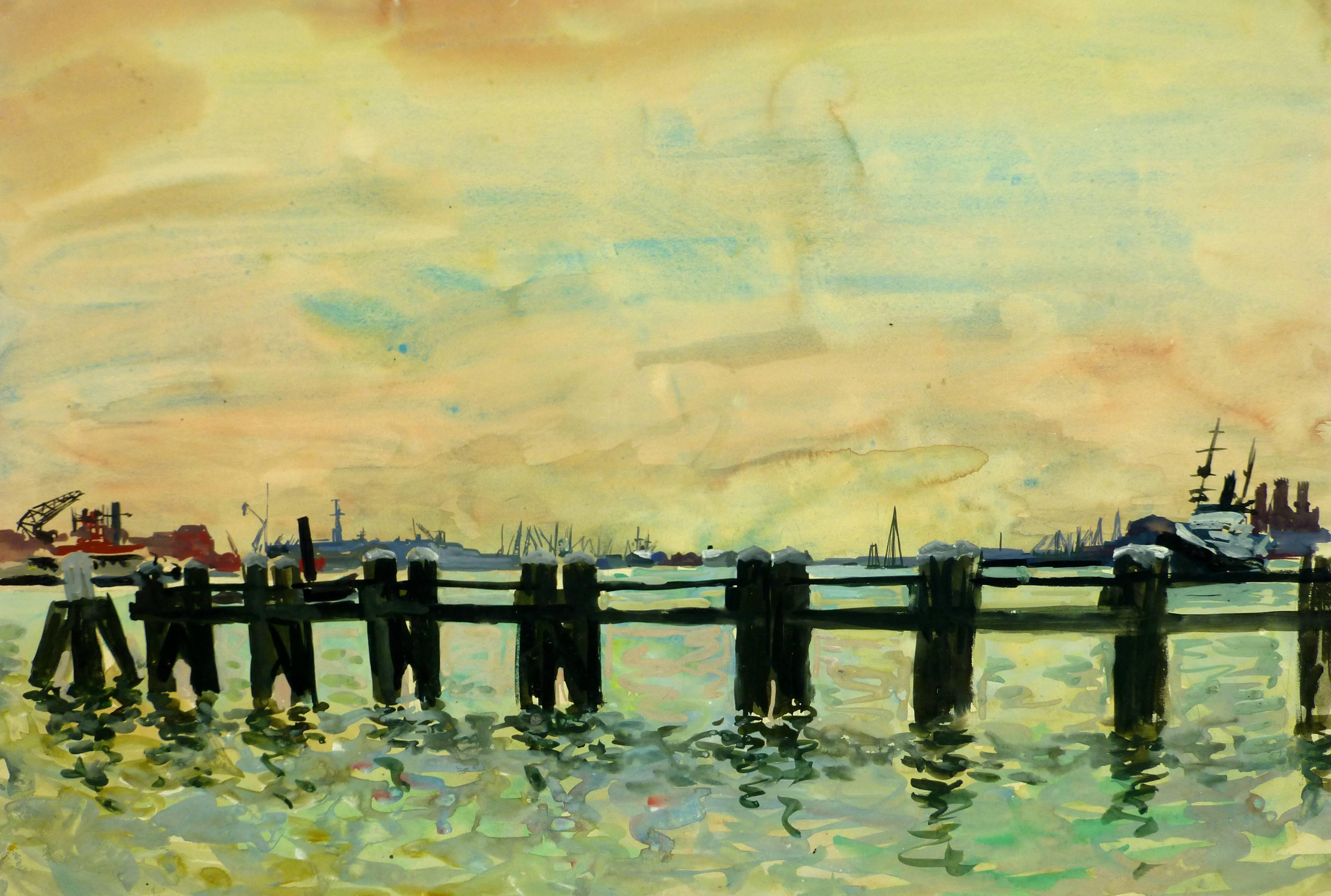 Stephane Magnard Landscape Painting - French Pier and Port Skyline