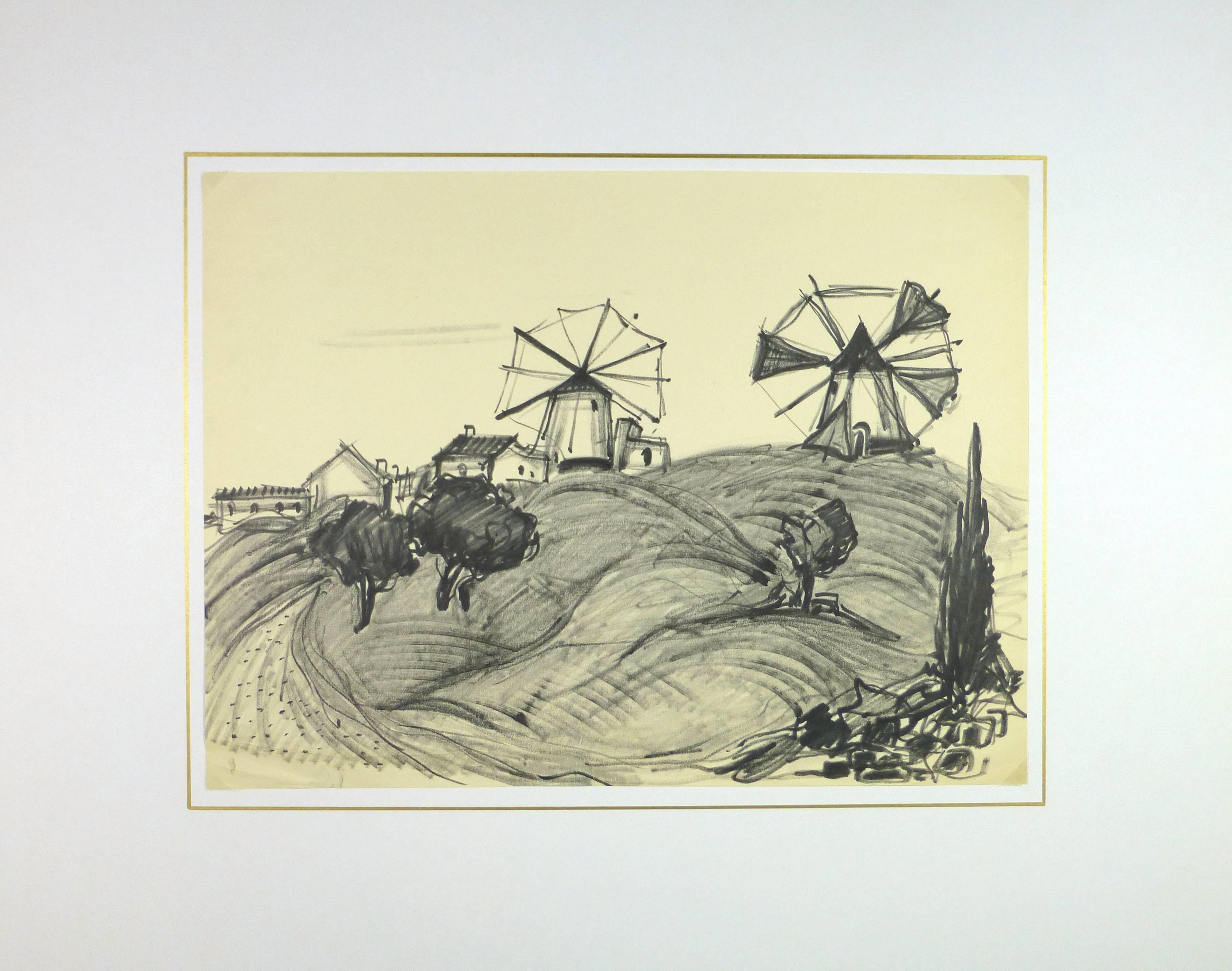 Dibujo a tinta francés de mediados de siglo de molinos de viento pintados por el artista Jean Baptiste Grancher (1911-1974).

Obra de arte original sobre papel expuesta en un tapete blanco con borde dorado. Funda de plástico de archivo y certificado