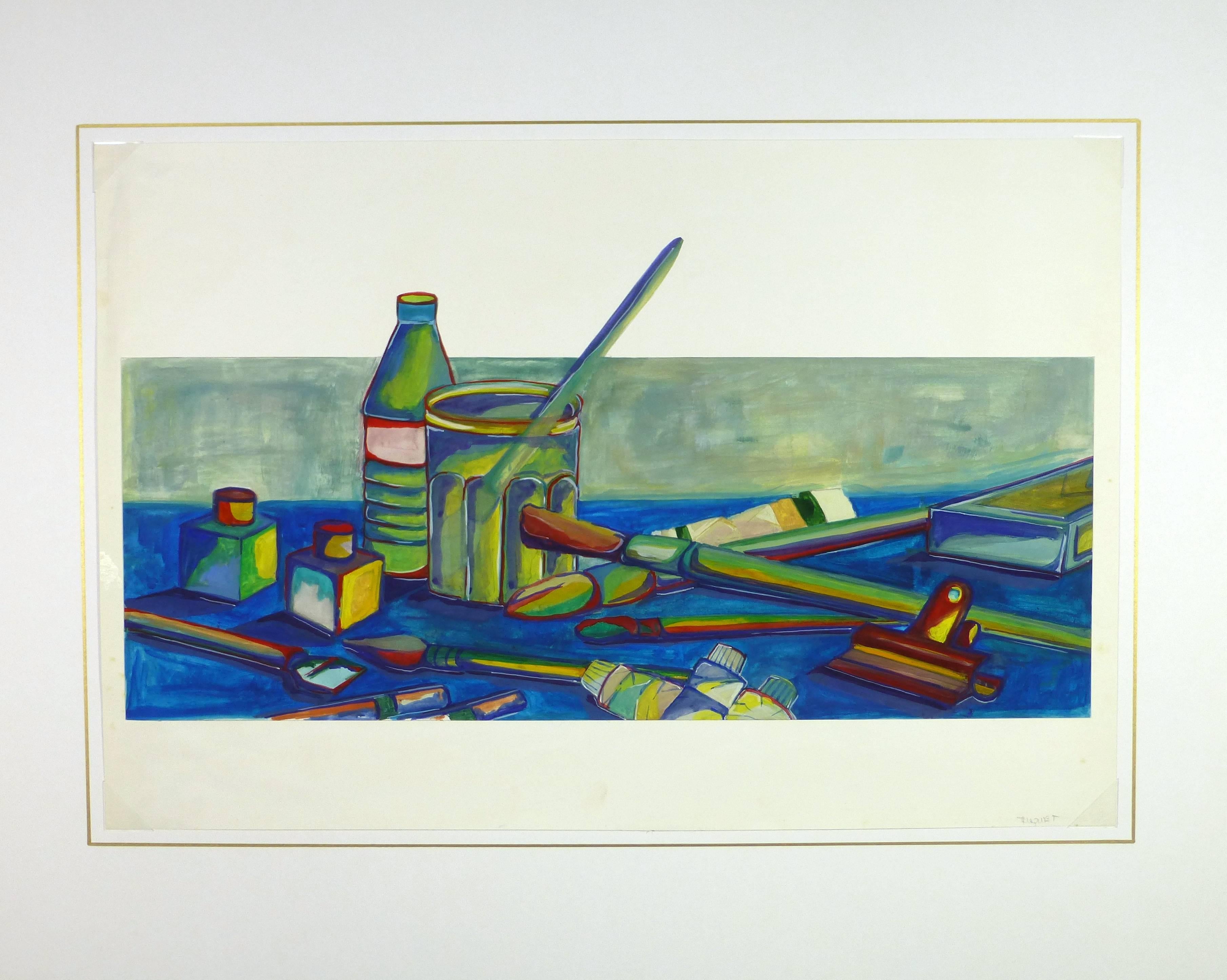 Colorful artist still life in acrylic collated to white background by French artist Riquet, 1990s.  

Original artwork on paper displayed on a white mat with a gold border. Archival plastic sleeve and Certificate of Authenticity included. Artwork,