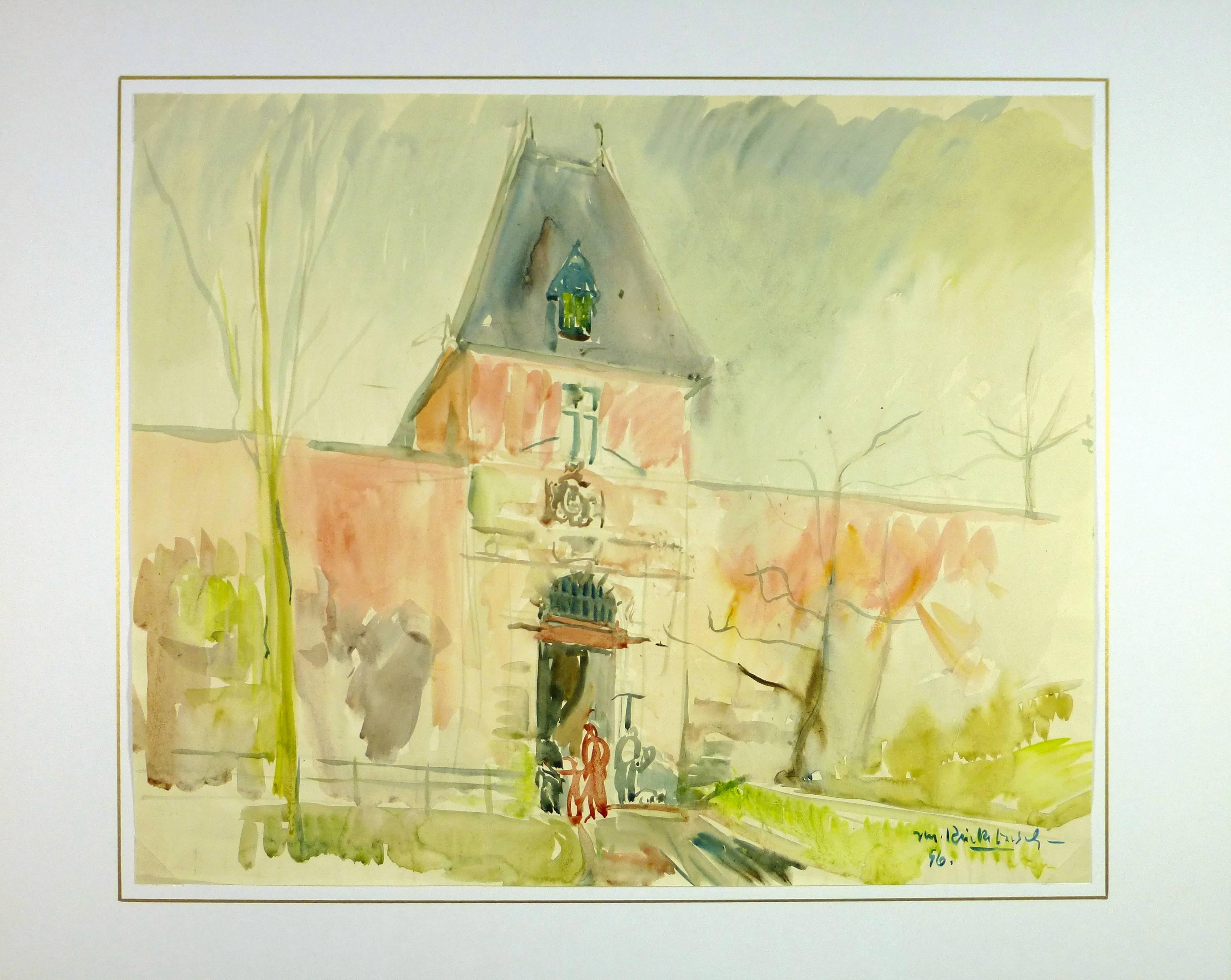 Enchanting mid-century French watercolor of estate gate with slate roof, 1956.

Original artwork on paper displayed on a white mat with a gold border. Archival plastic sleeve and Certificate of Authenticity included. Artwork, 18.75