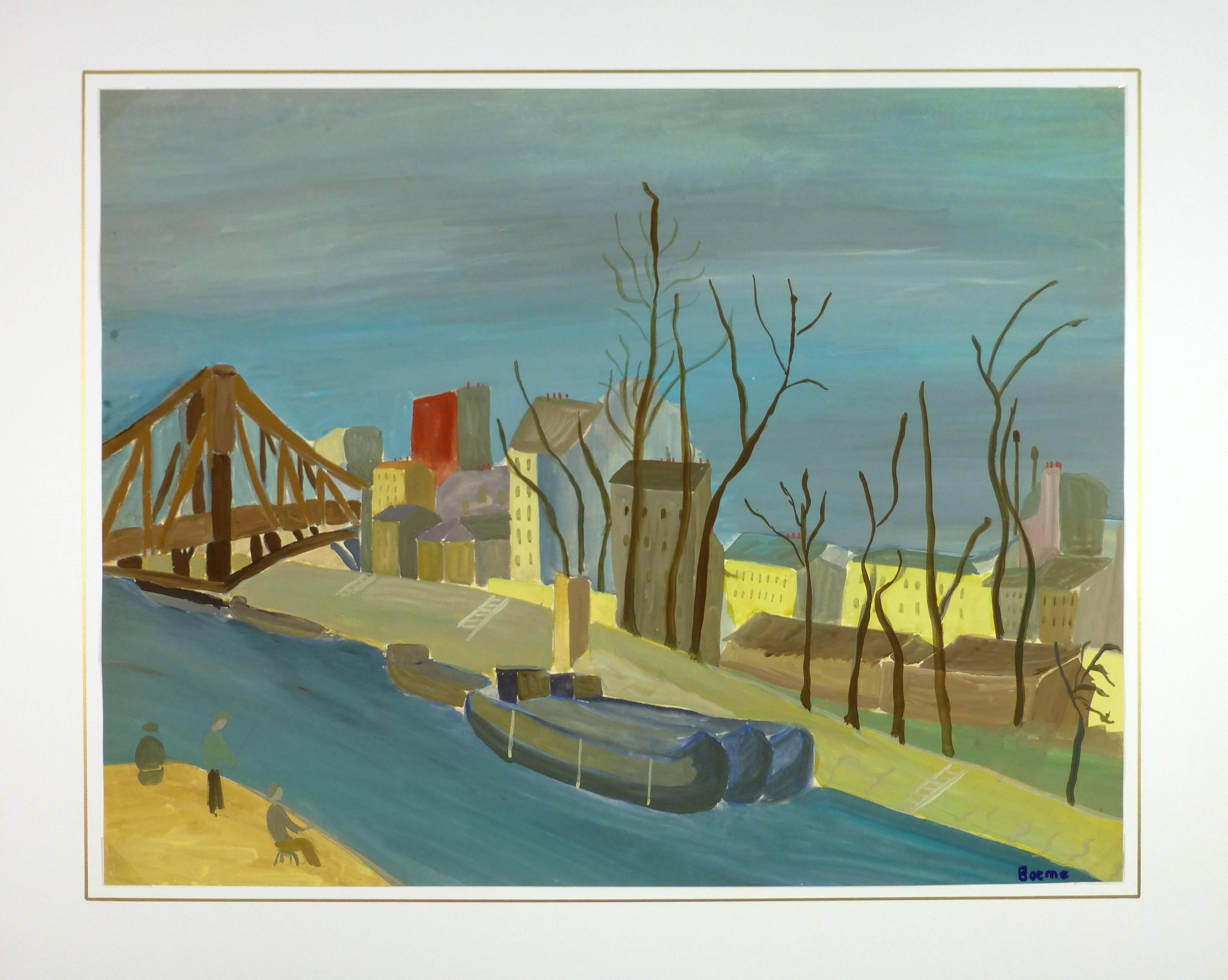 Mitte des Jahrhunderts Französisch Gouache Gemälde von städtischen Kanal-Szene von Künstler Boeme, signiert unten rechts.

Originalkunstwerk auf Papier auf einem weißen Passepartout mit Goldrand. Inklusive Plastikhülle und Echtheitszertifikat für