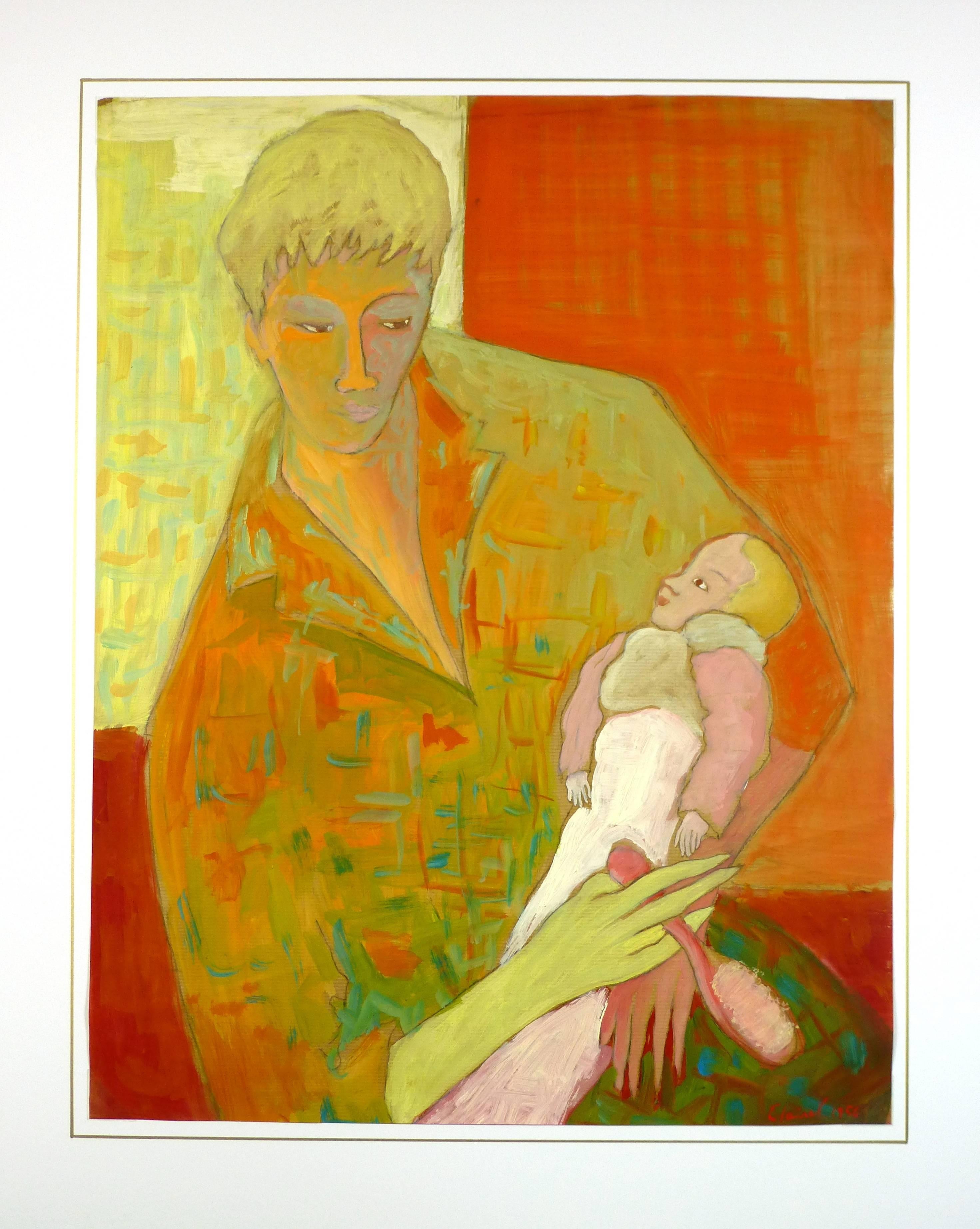 Dipinto a tempera su carta della metà del secolo scorso, nei caldi toni dell'arancio, raffigurante un genitore con un bambino, opera dell'artista francese Clairet, 1956. Firmato e datato in basso a destra.

Opera d'arte originale su carta esposta su