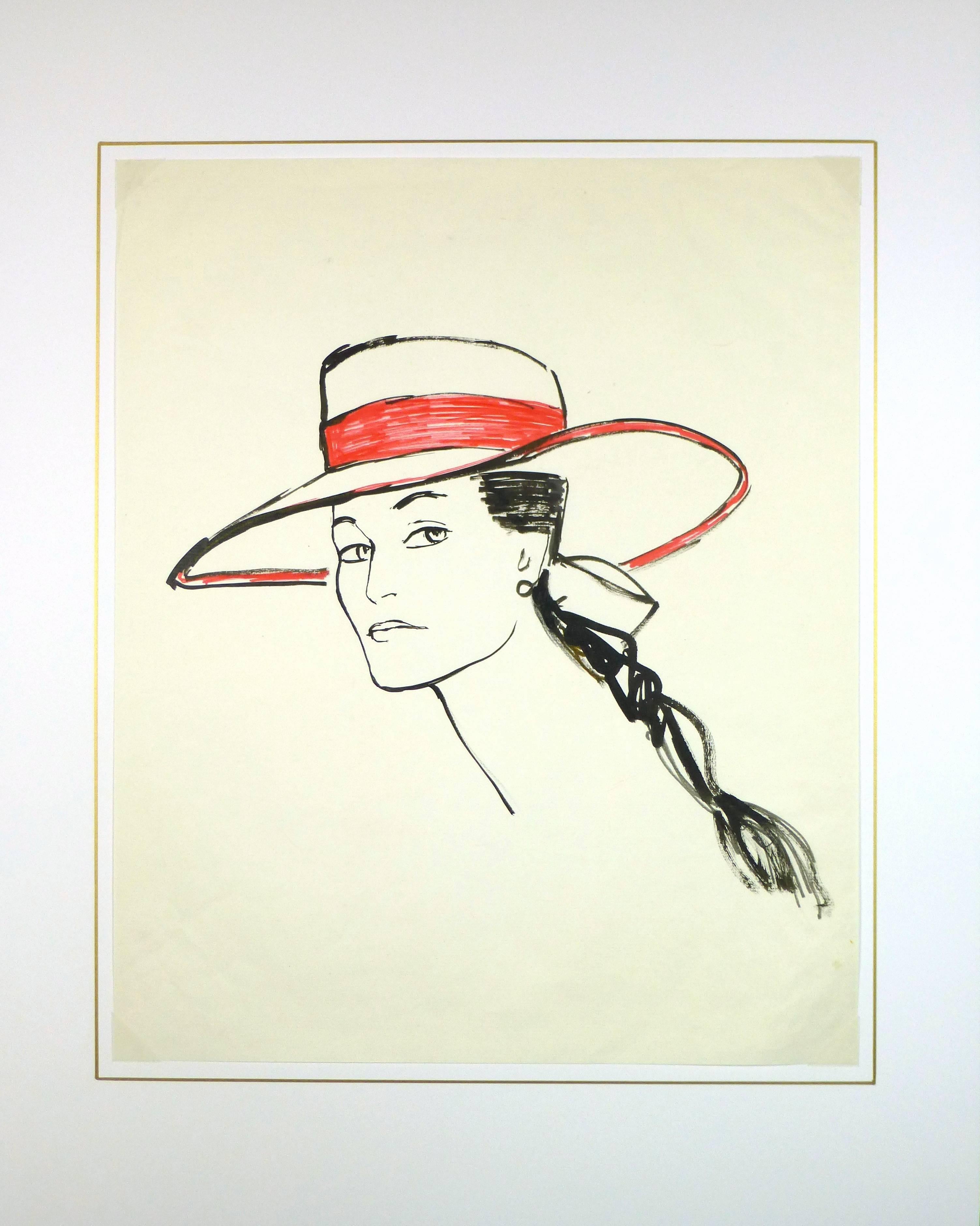 Woman in Red Hat (femme à chapeau rouge) - Blanc Portrait par Unknown