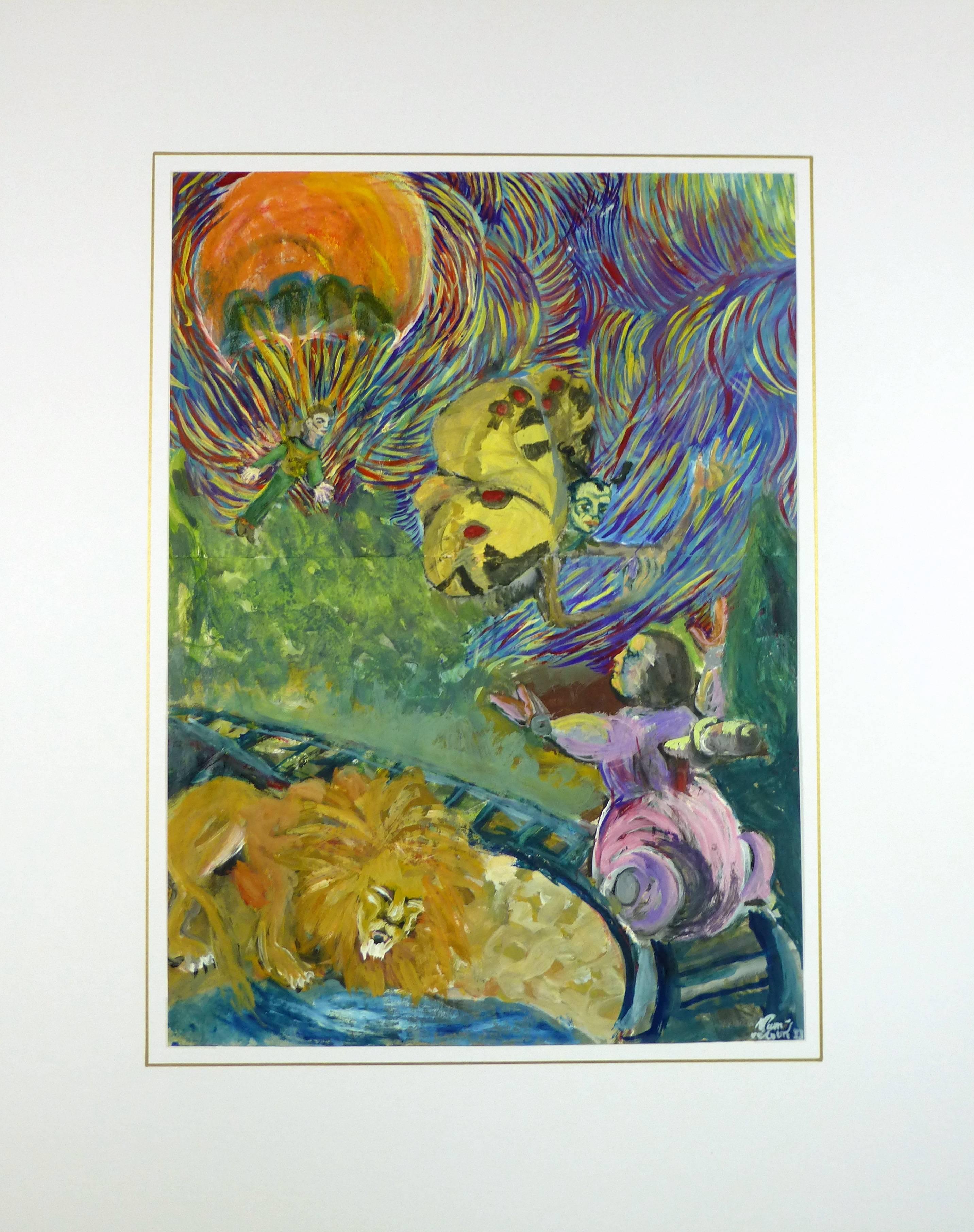 Colorful surrealist French painting of parachuter and lion, signed and dated lower right.

Original artwork on paper displayed on a white mat with a gold border. Archival plastic sleeve and Certificate of Authenticity included. Artwork, 15