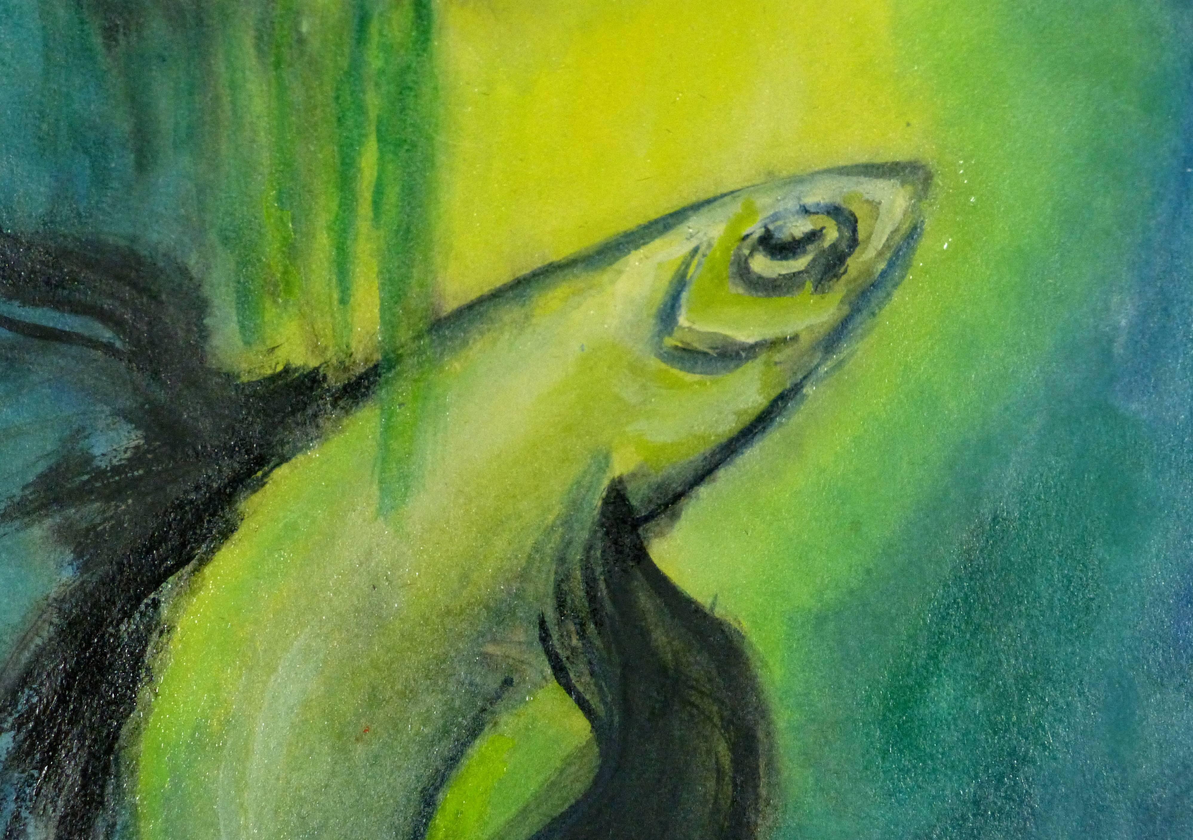 Pez Verde Azul Vivo - Animal Painting Gris de Jean-Charles Lauthe