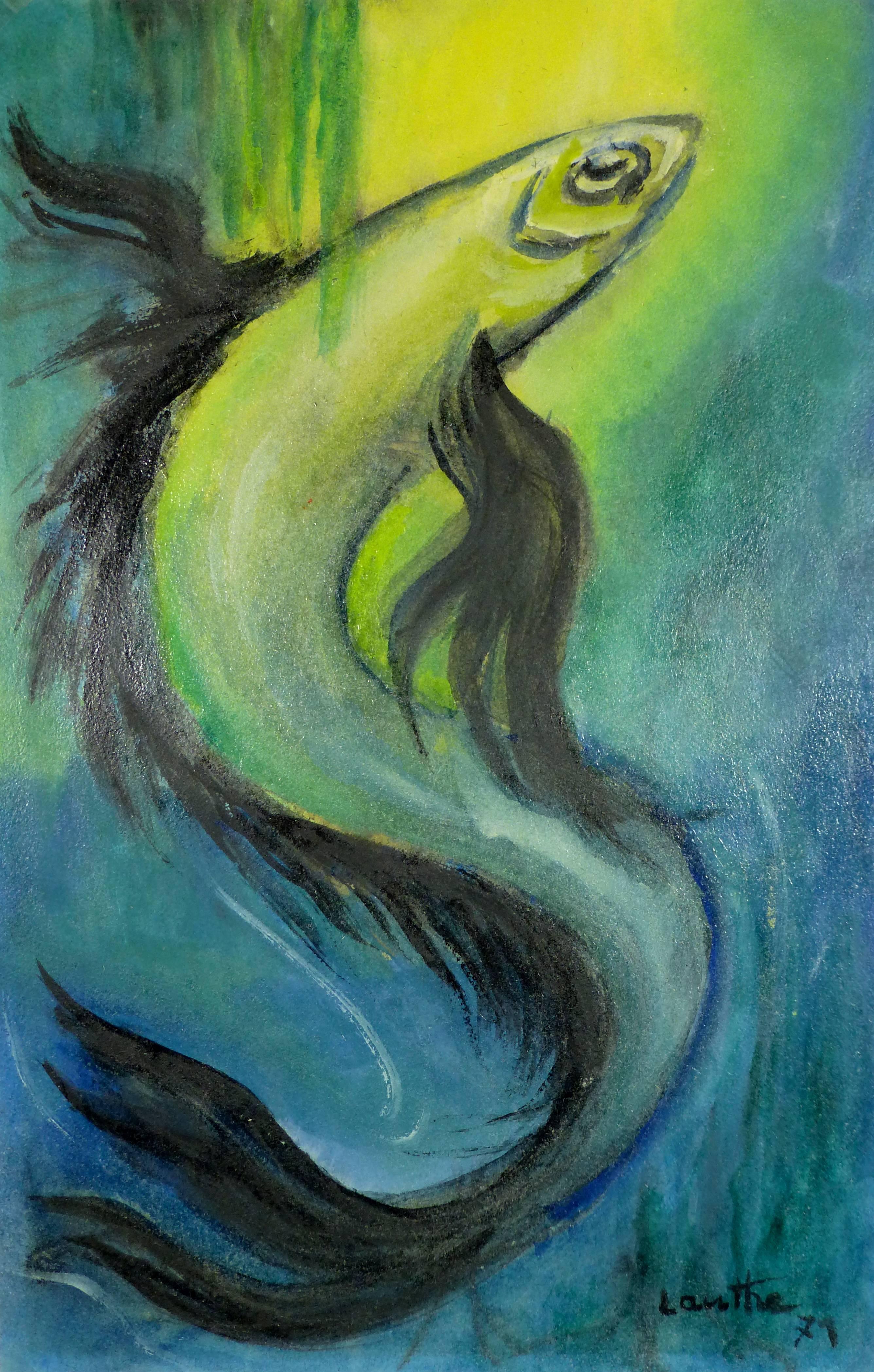 Jean-Charles Lauthe Animal Painting - Vivid Blue Green Fish