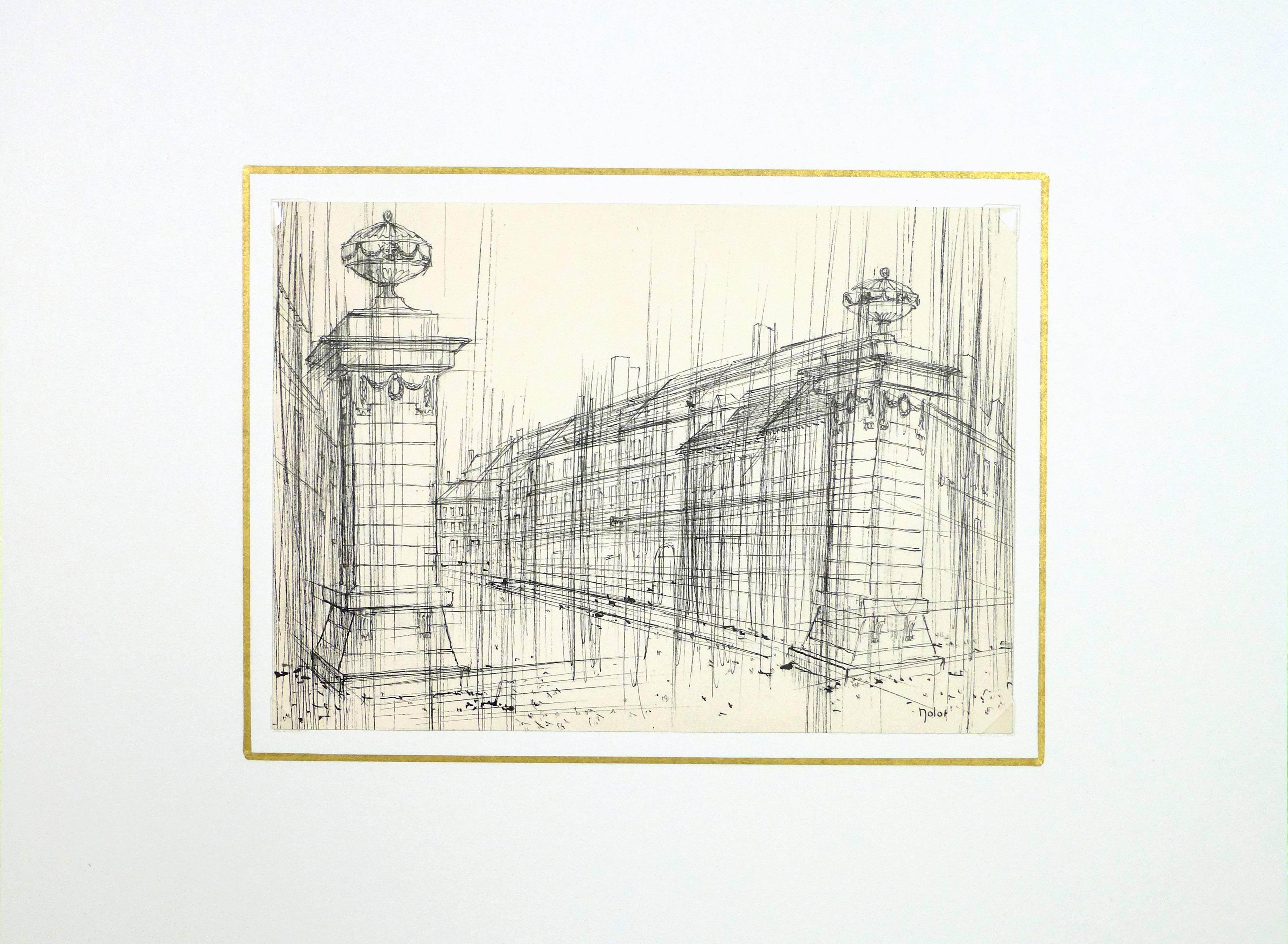 Mid-century French pen and ink drawing on paper, circa 1950.  Signed by artist lower right.

Original artwork on paper displayed on a white mat with a gold border. Archival plastic sleeve and Certificate of Authenticity included. Artwork, 6.75