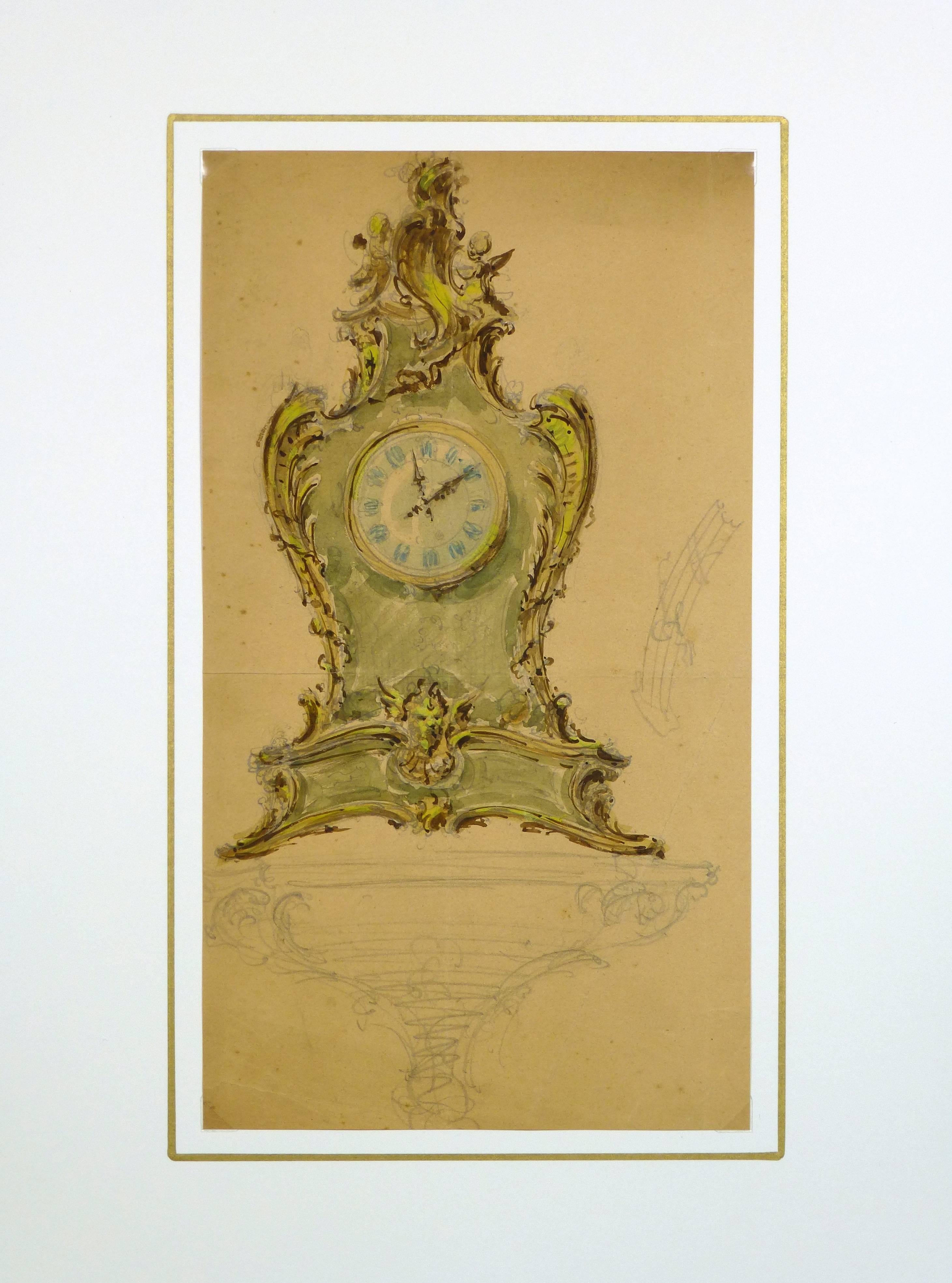 Französisches Aquarell und Bleistift einer verschnörkelten Uhr, um 1930.  

Originalkunstwerk auf Papier auf einem weißen Passepartout mit Goldrand. Inklusive Plastikhülle und Echtheitszertifikat für die Archivierung. Kunstwerk, 12 