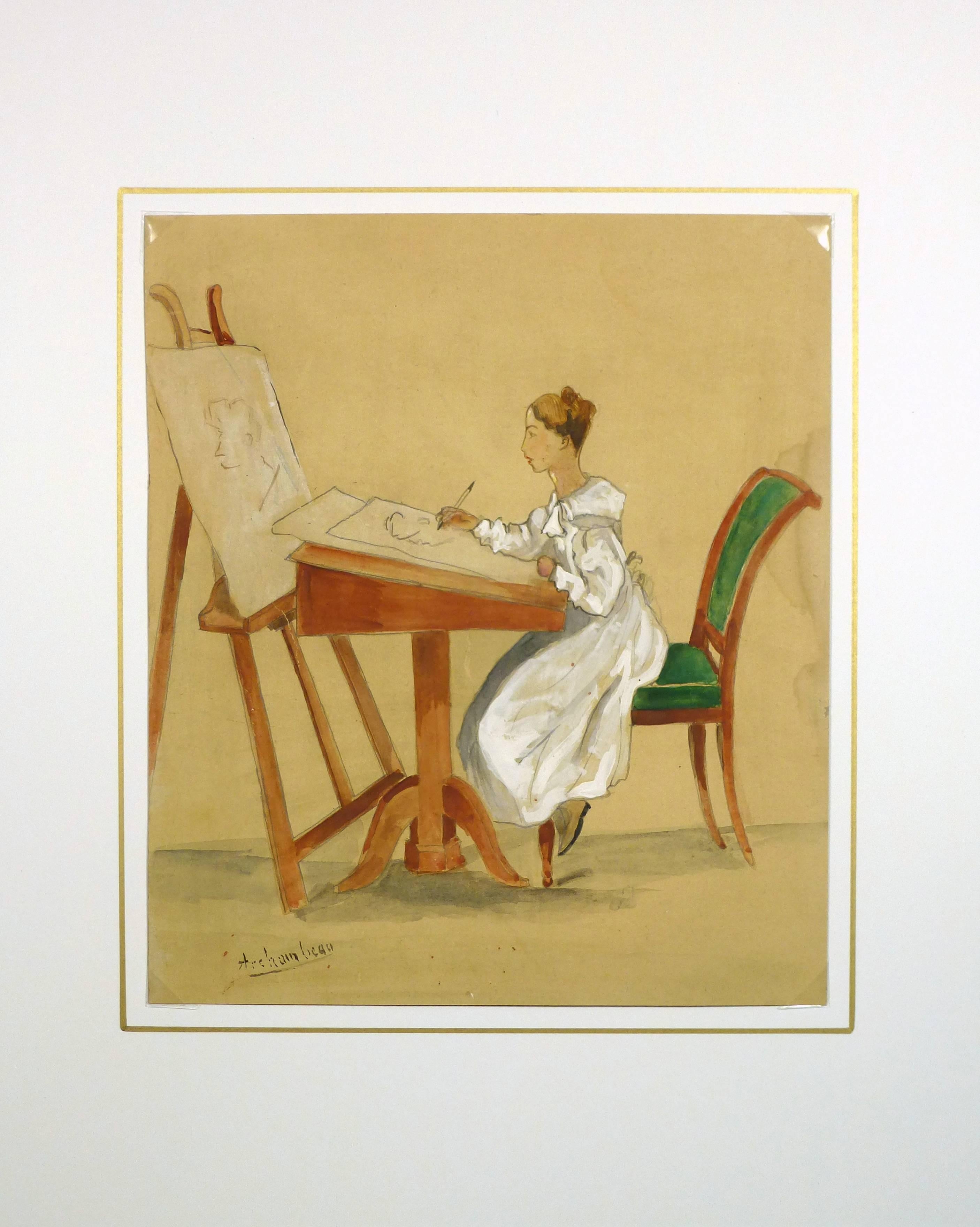Early-century French gouache painting of a young woman drawing, circa 1900.  Signed by artist lower left.

Original artwork on paper displayed on a white mat with a gold border. Mat fits a standard size frame. Archival plastic sleeve and Certificate